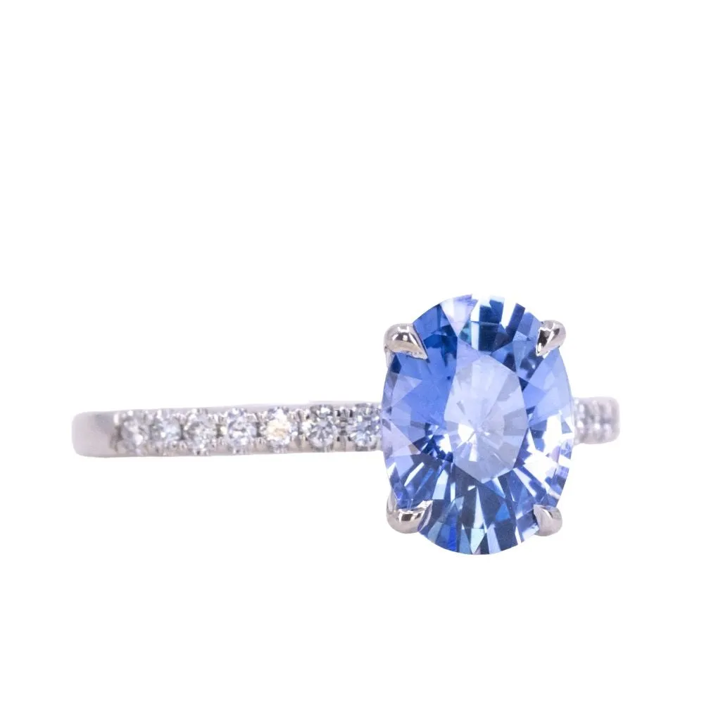 48 HOUR CUSTOMER HOLD - 2.09ct Oval Madagascar Sapphire and French Set Diamond Solitaire in 14K White Gold