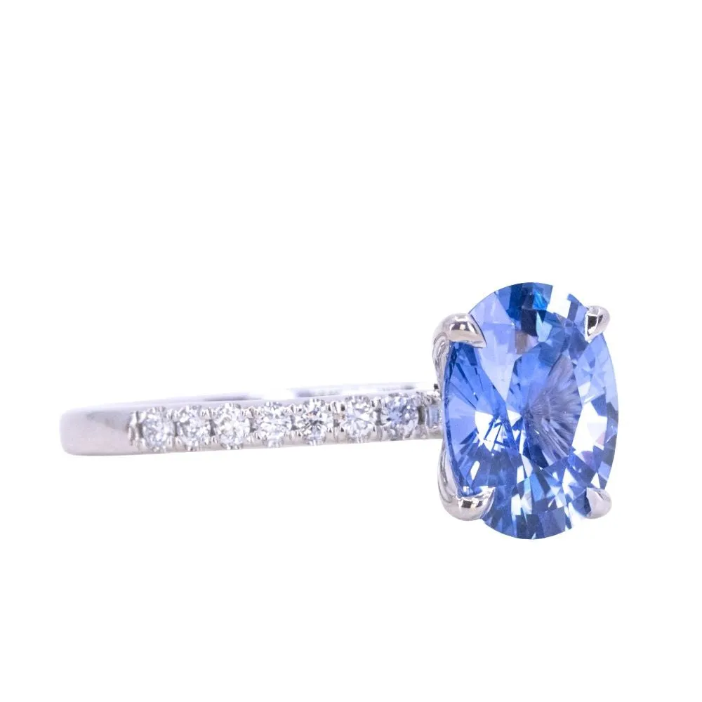 48 HOUR CUSTOMER HOLD - 2.09ct Oval Madagascar Sapphire and French Set Diamond Solitaire in 14K White Gold