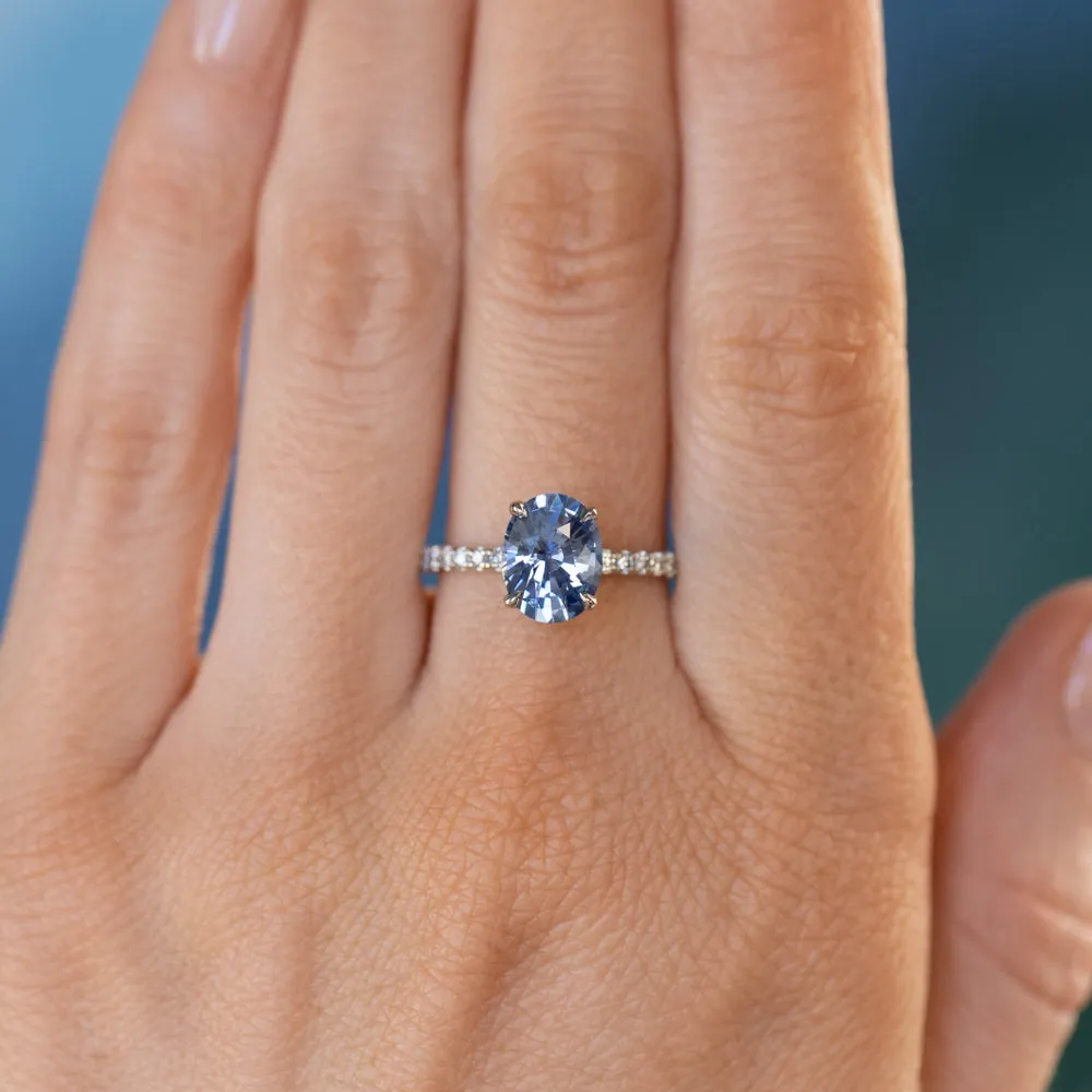 48 HOUR CUSTOMER HOLD - 2.09ct Oval Madagascar Sapphire and French Set Diamond Solitaire in 14K White Gold