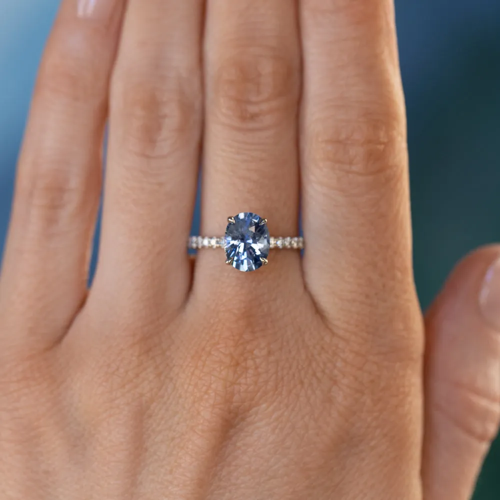 48 HOUR CUSTOMER HOLD - 2.09ct Oval Madagascar Sapphire and French Set Diamond Solitaire in 14K White Gold