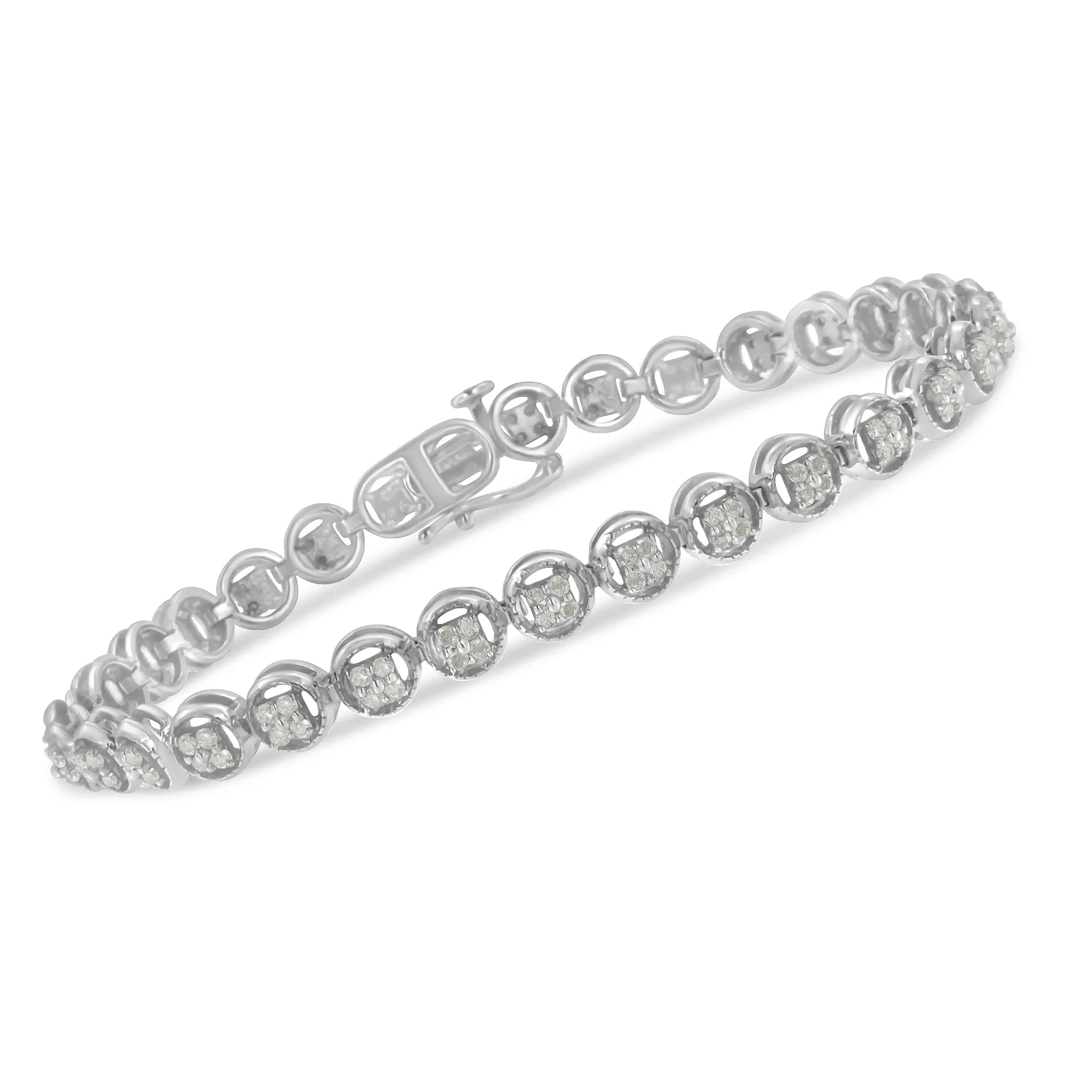 .925 Sterling Silver 1-1/3 Cttw Diamond 7" Open Circle Wheel Link Tennis Bracelet