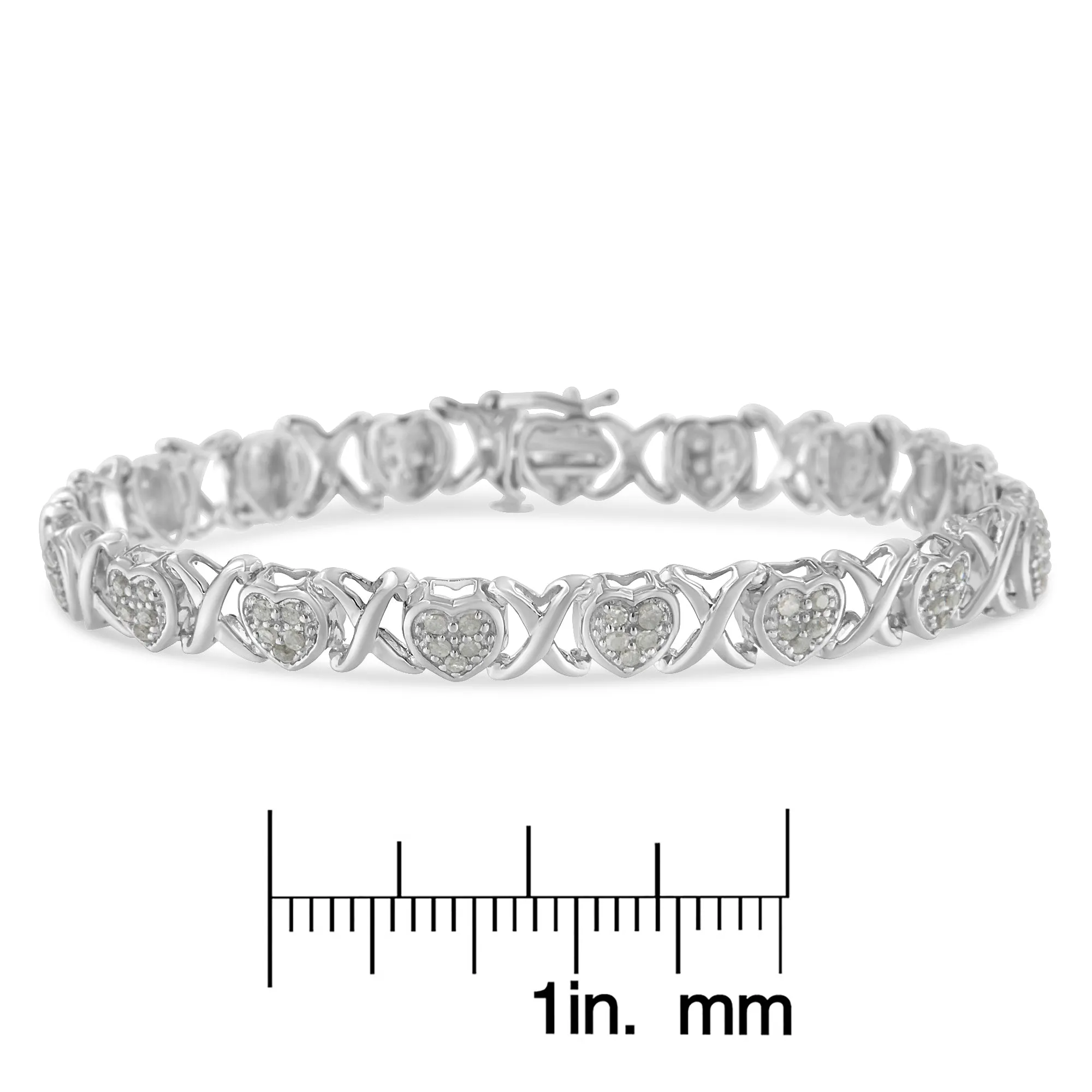 .925 Sterling Silver 1.0 Cttw Diamond Heart & X-Link 7" Tennis Bracelet