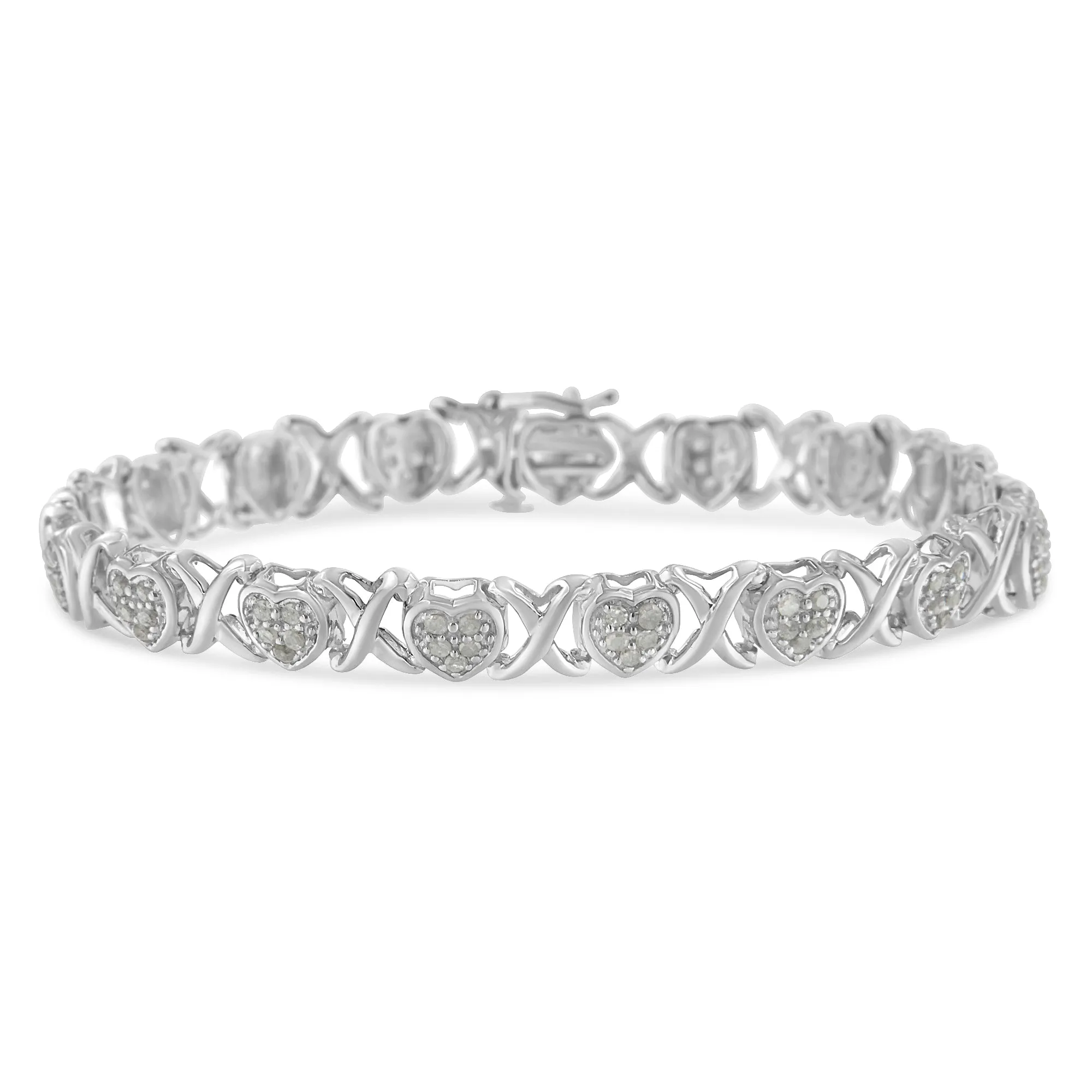 .925 Sterling Silver 1.0 Cttw Diamond Heart & X-Link 7" Tennis Bracelet