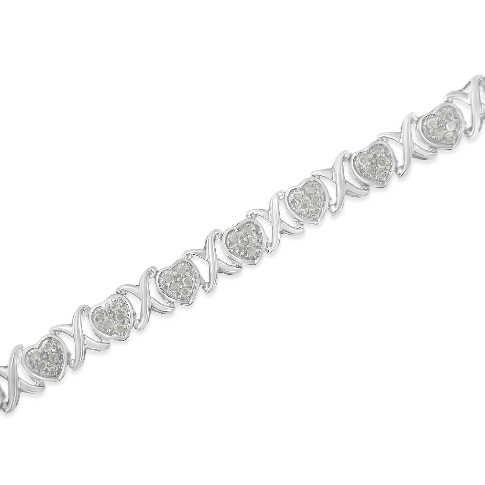 .925 Sterling Silver 1.0 Cttw Diamond Heart & X-Link 7" Tennis Bracelet