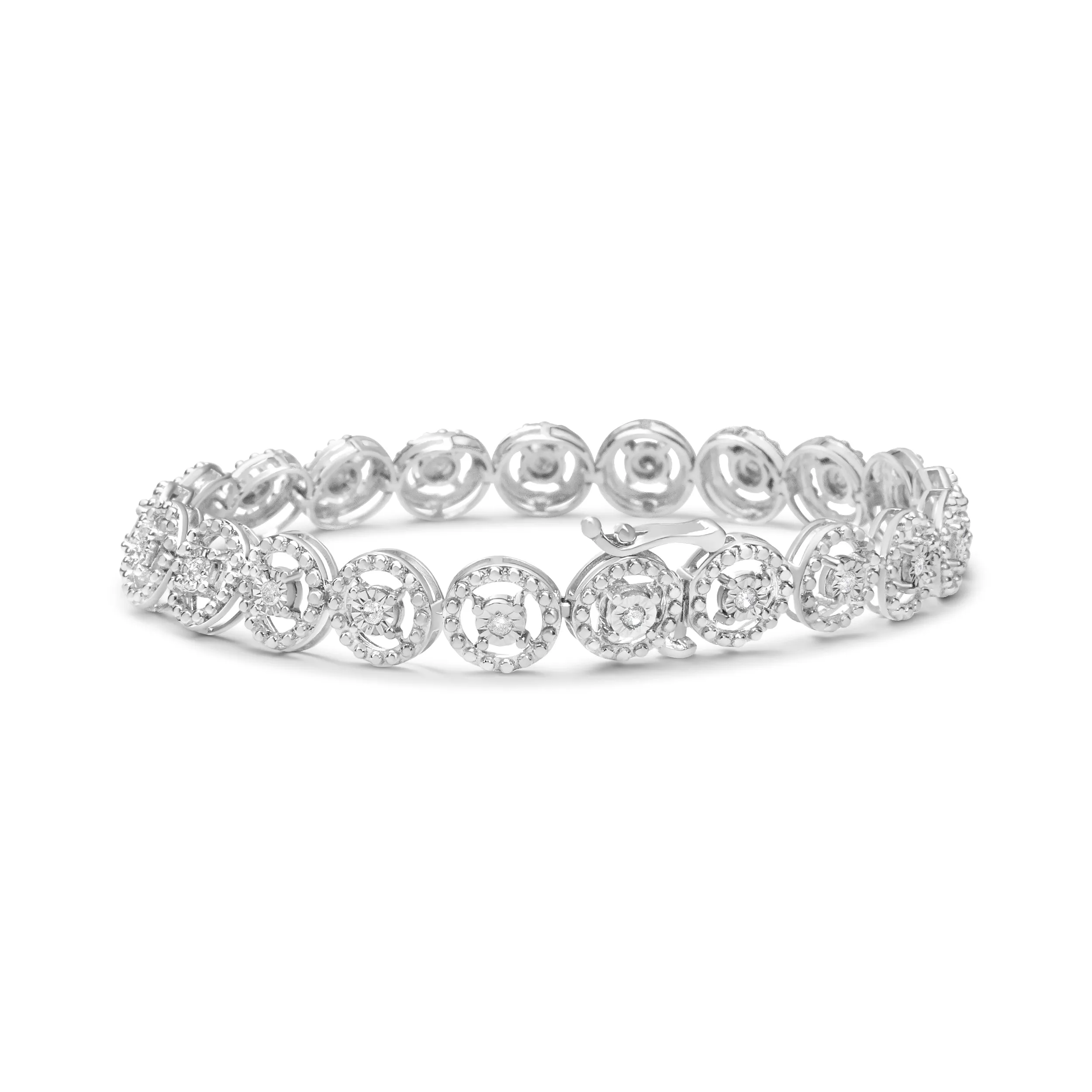 .925 Sterling Silver 1/2 Cttw Diamond Nested Circle Miracle Set Open Wheel 7.25" Fashion Link Bracelet