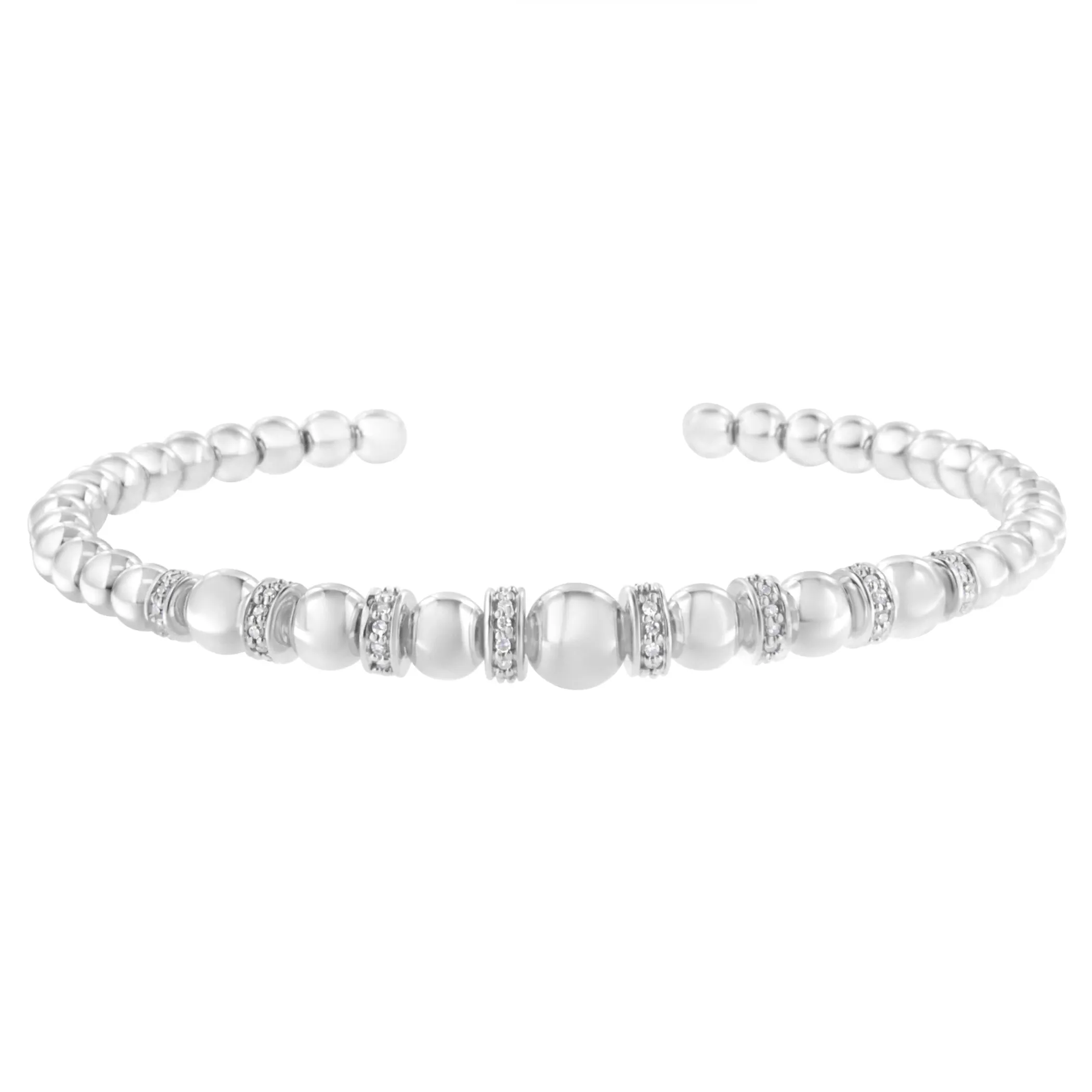 .925 Sterling Silver 1/4 Cttw Diamond Rondelle Graduated Ball Bead Cuff Bangle Bracelet (I-J color, I2-I3 clarity) - Fits wrists up to 7 1/2 inches