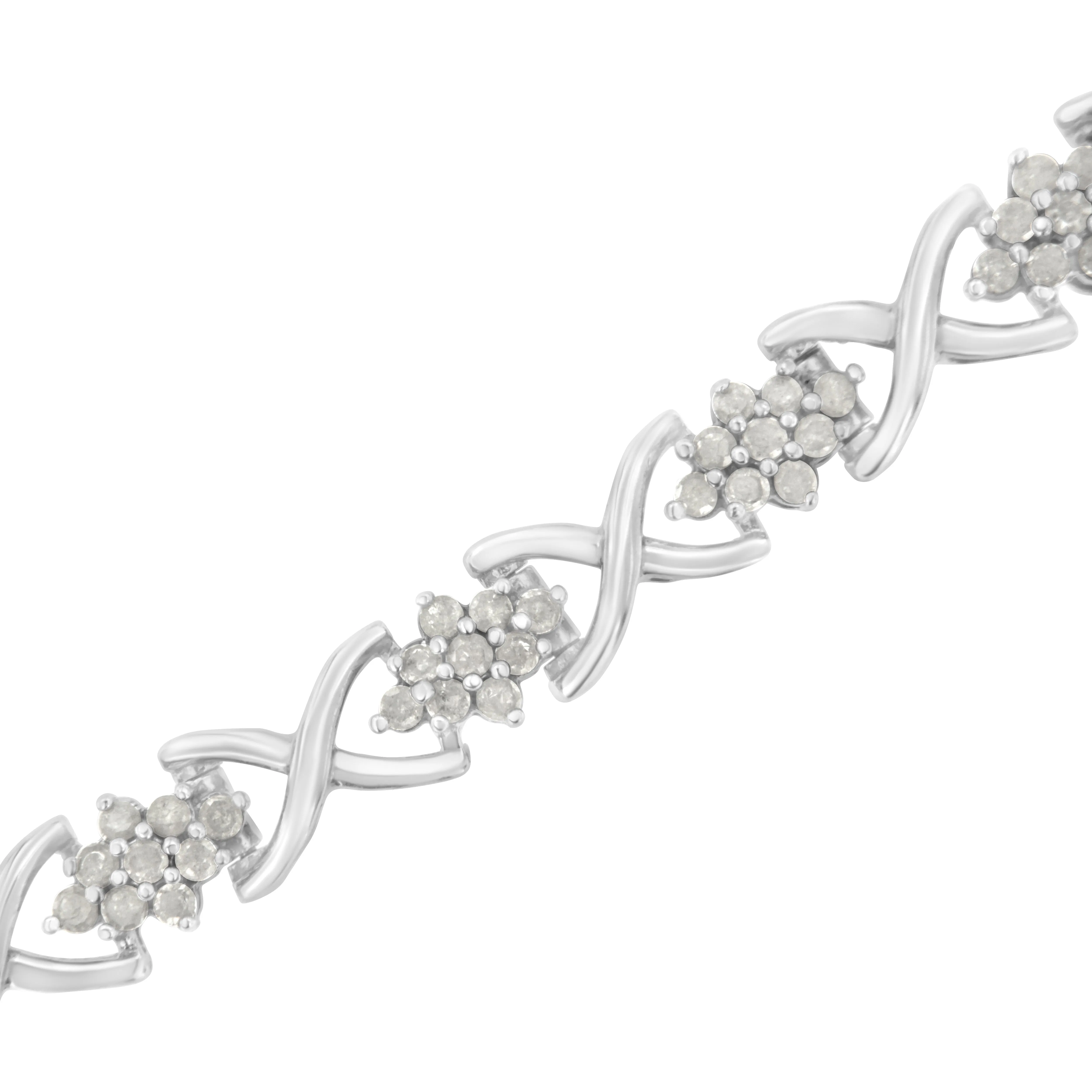 .925 Sterling Silver 2-1/4 Cttw Diamond 7” Cluster X Link Bracelet