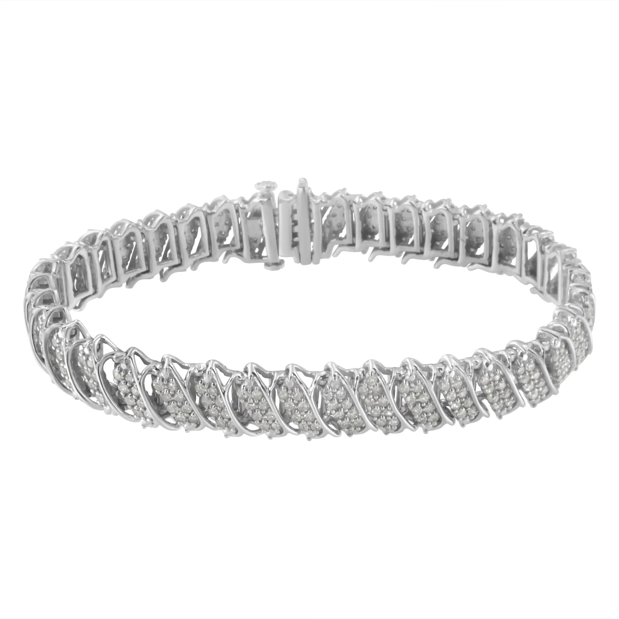 .925 Sterling Silver 3.0 Cttw Diamond Multi Row Cluster Slanted Wave Link 7-.25” Tennis Bracelet