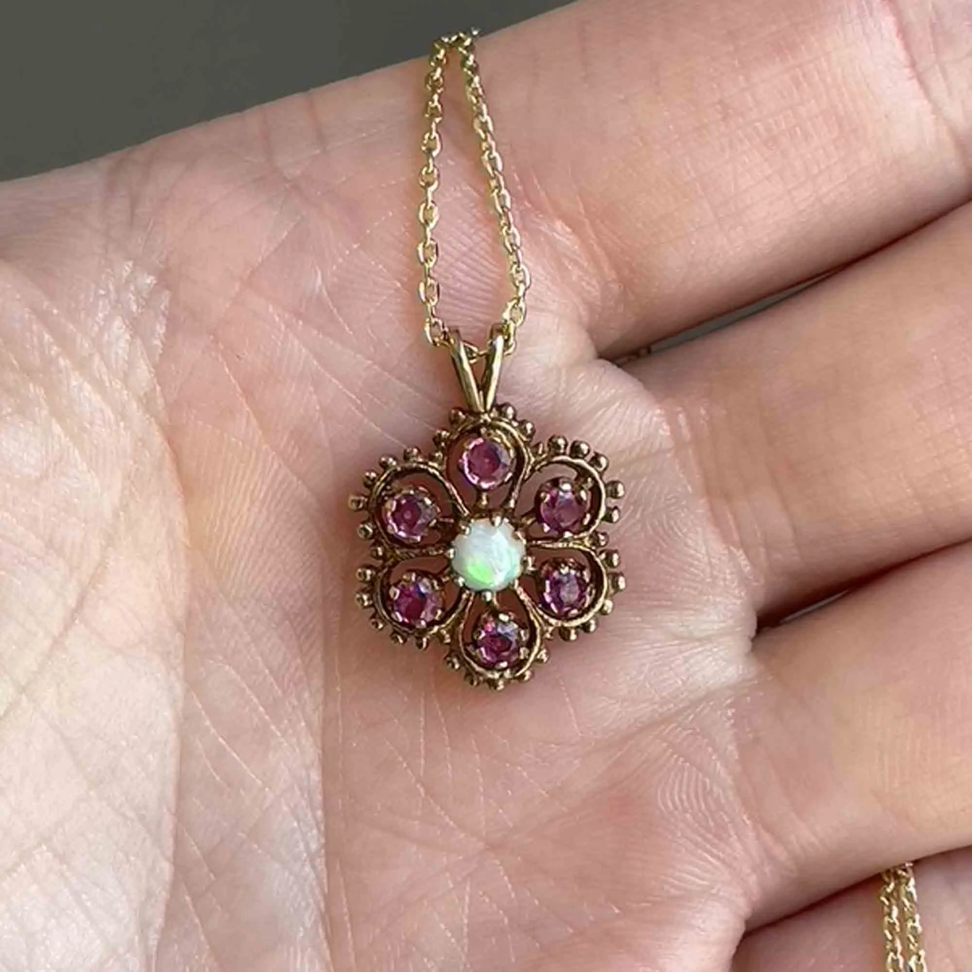 9K Gold Ruby Opal Floral Cluster Pendant Necklace