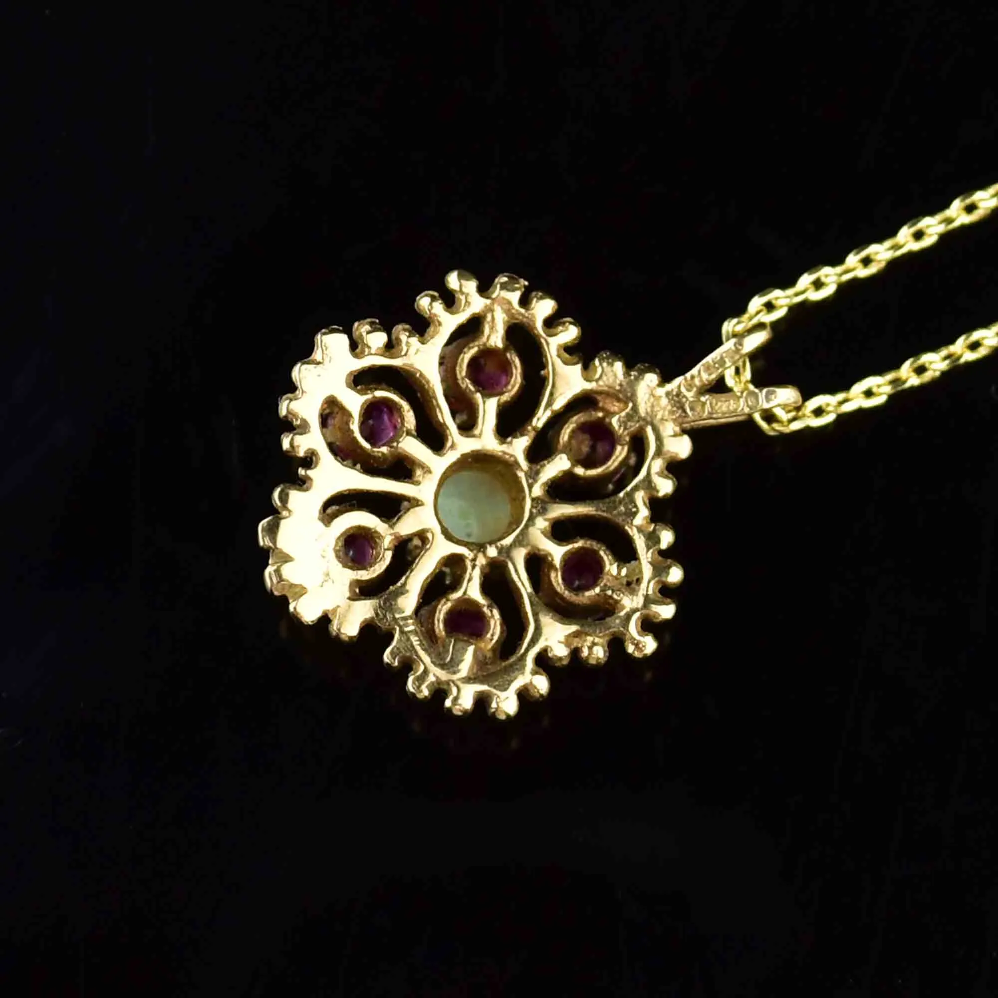 9K Gold Ruby Opal Floral Cluster Pendant Necklace