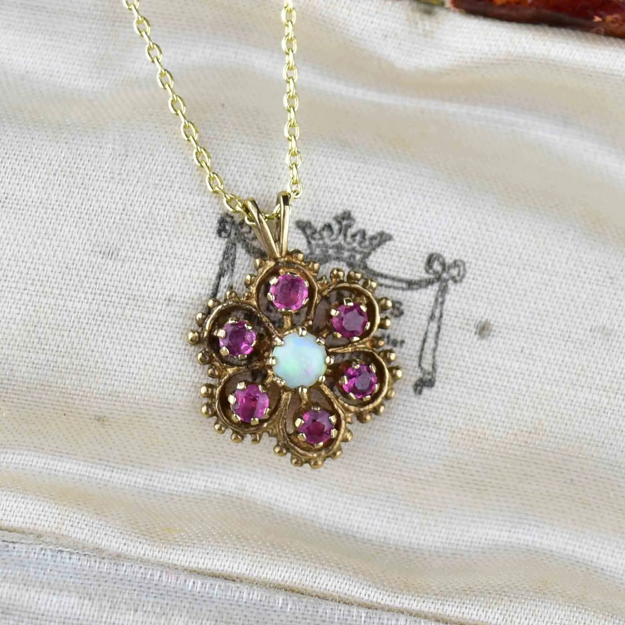 9K Gold Ruby Opal Floral Cluster Pendant Necklace