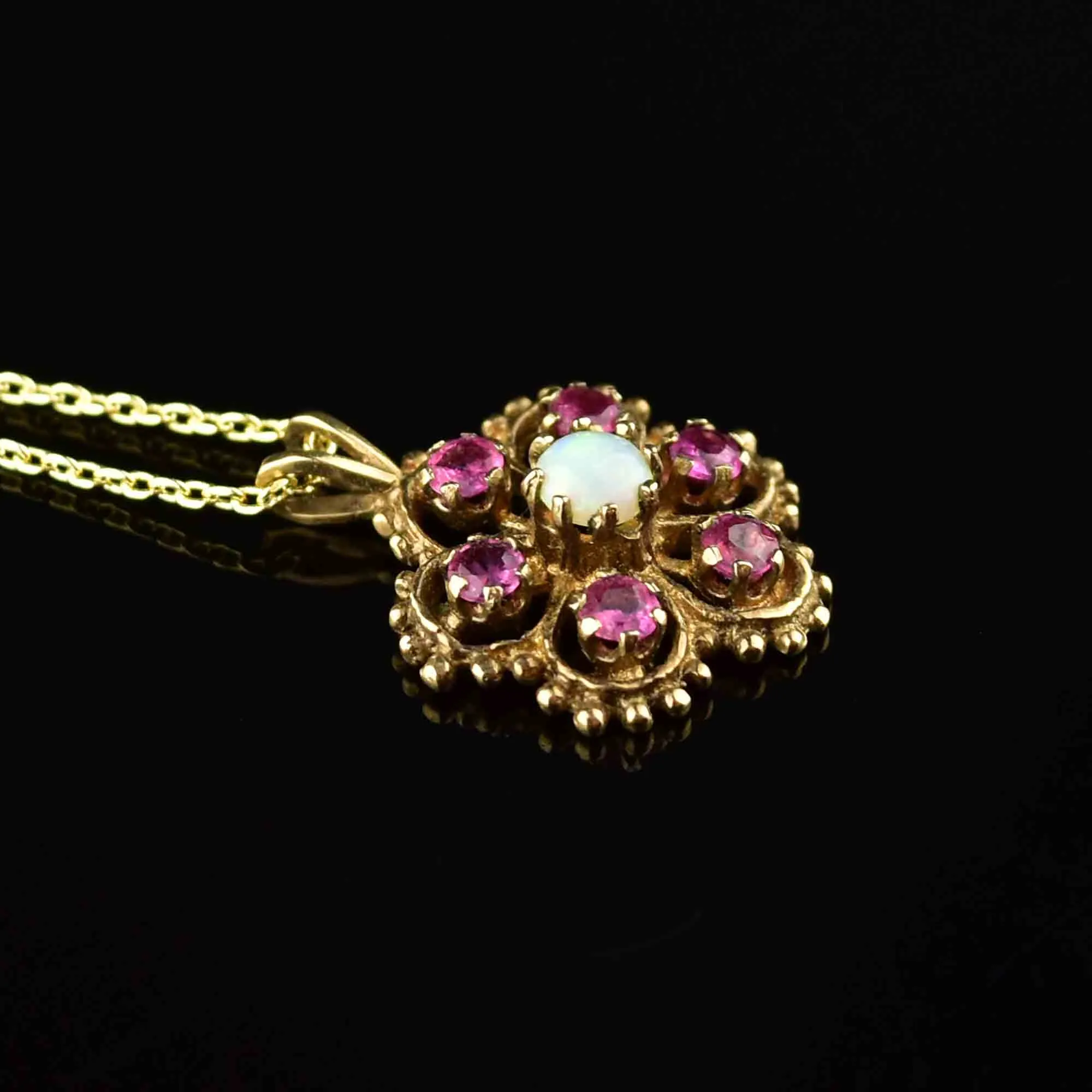 9K Gold Ruby Opal Floral Cluster Pendant Necklace