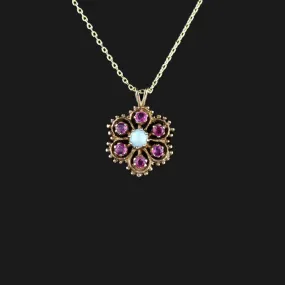 9K Gold Ruby Opal Floral Cluster Pendant Necklace