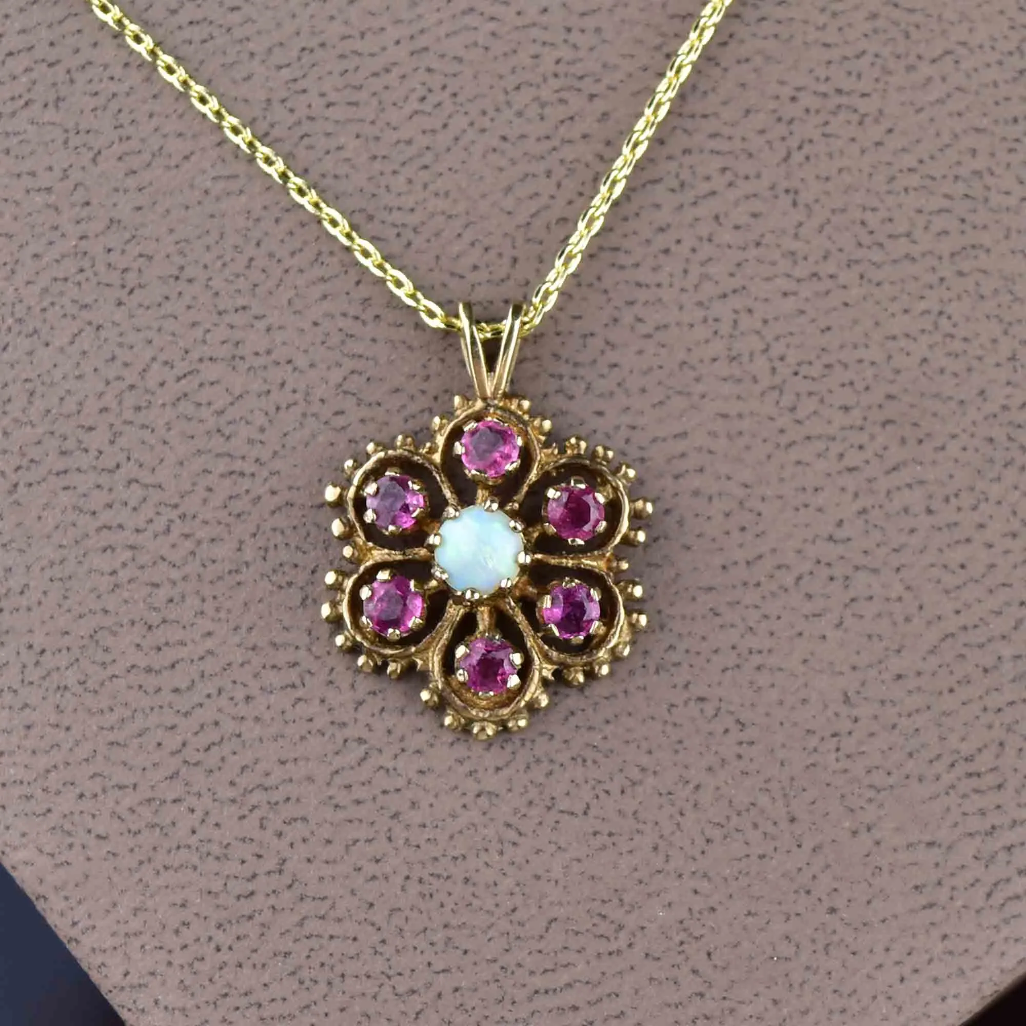 9K Gold Ruby Opal Floral Cluster Pendant Necklace