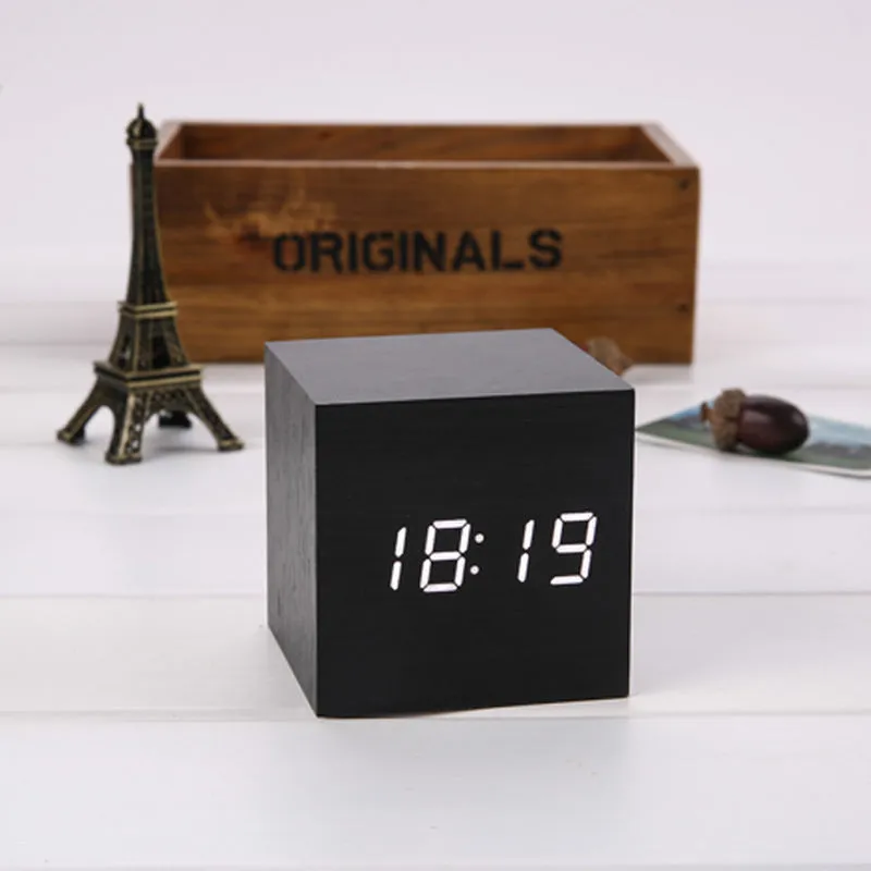 Alarm Clock LED Wooden Watch Table Voice Control Digital USB/AAA Powered Desktop Clocks