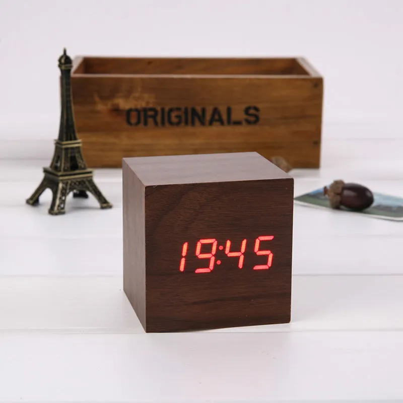 Alarm Clock LED Wooden Watch Table Voice Control Digital USB/AAA Powered Desktop Clocks