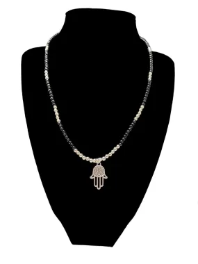 Alexa Handmade Beaded Necklace with Silver Hamsa Pendant