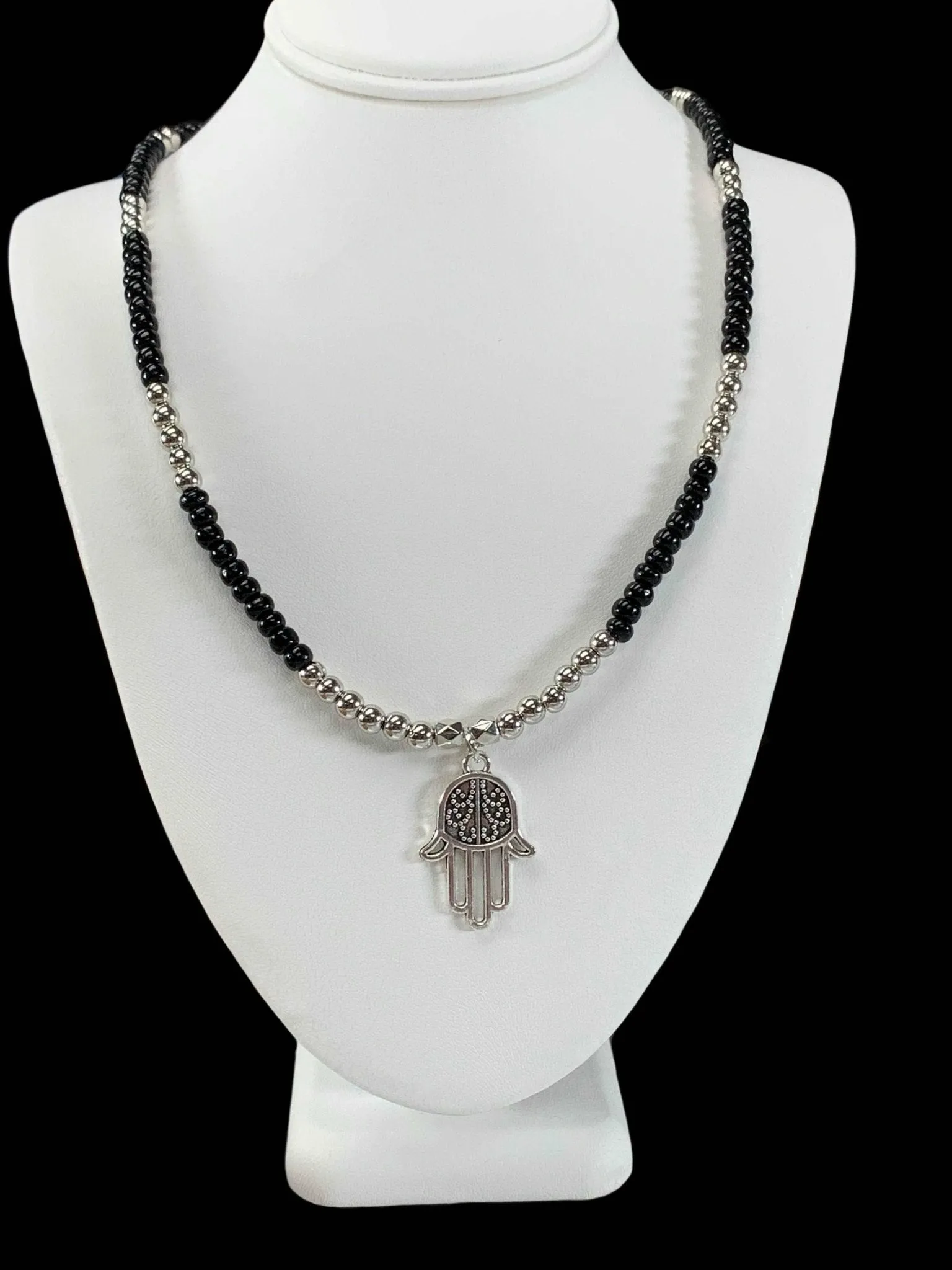 Alexa Handmade Beaded Necklace with Silver Hamsa Pendant