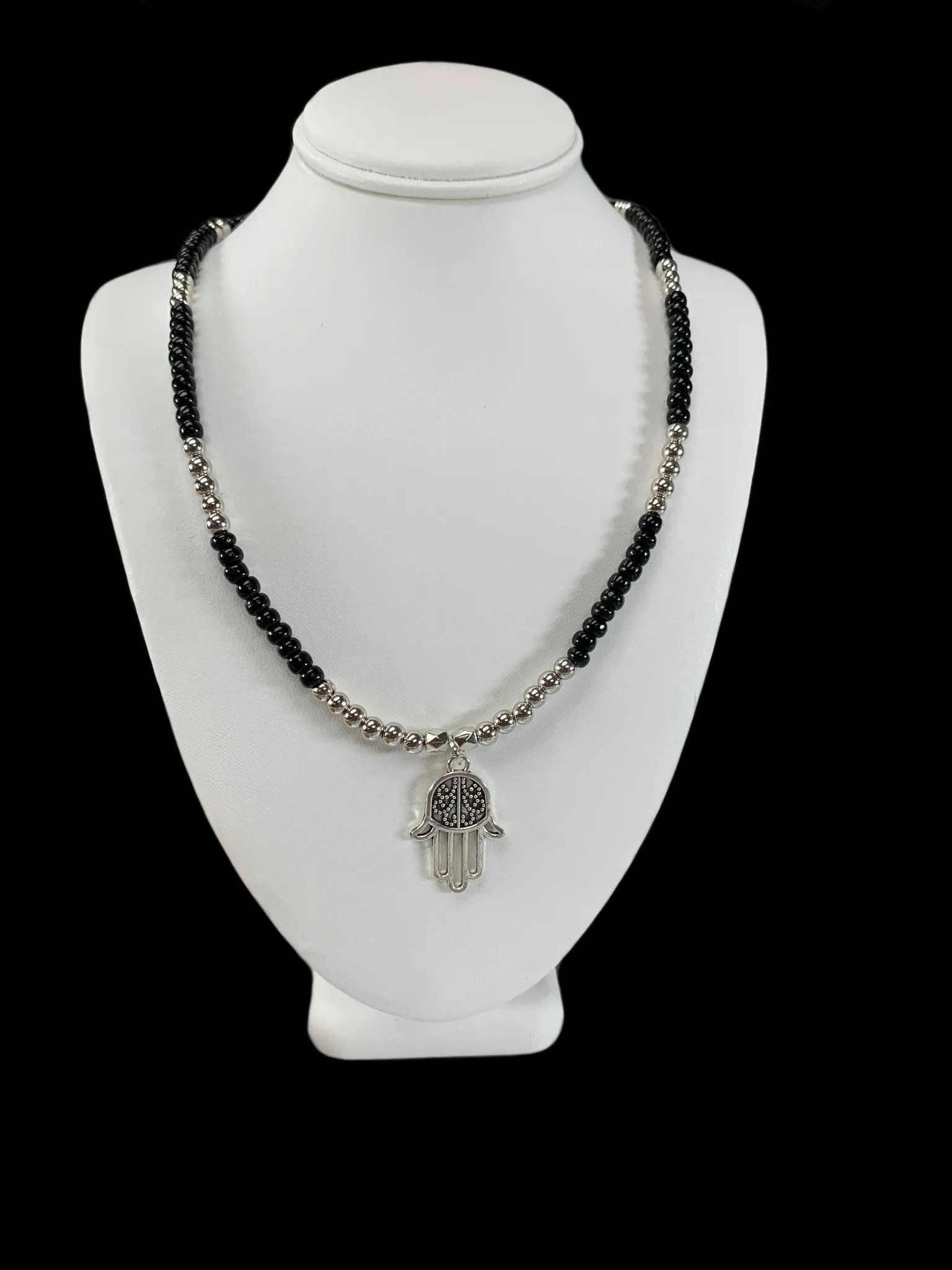 Alexa Handmade Beaded Necklace with Silver Hamsa Pendant