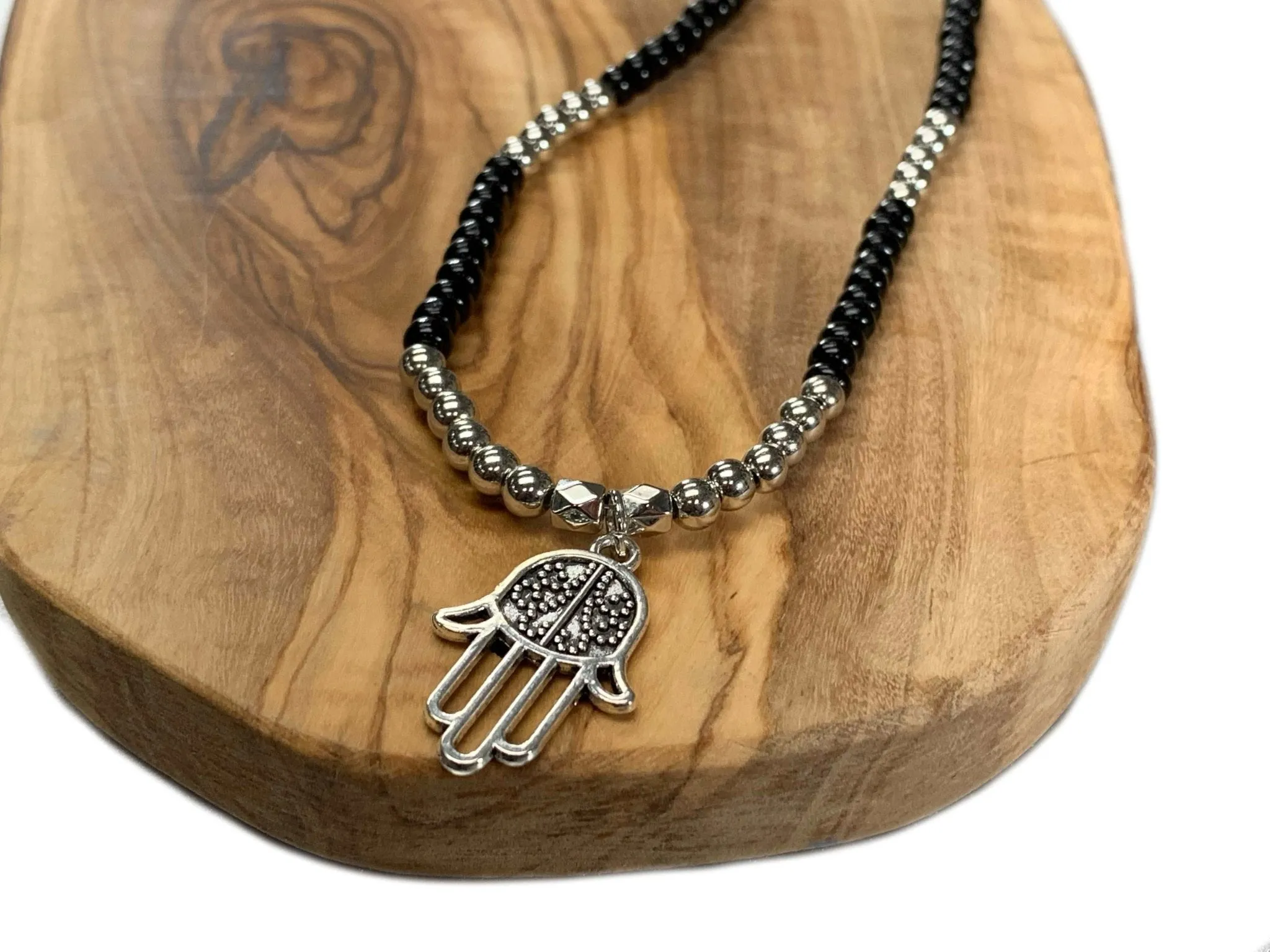 Alexa Handmade Beaded Necklace with Silver Hamsa Pendant