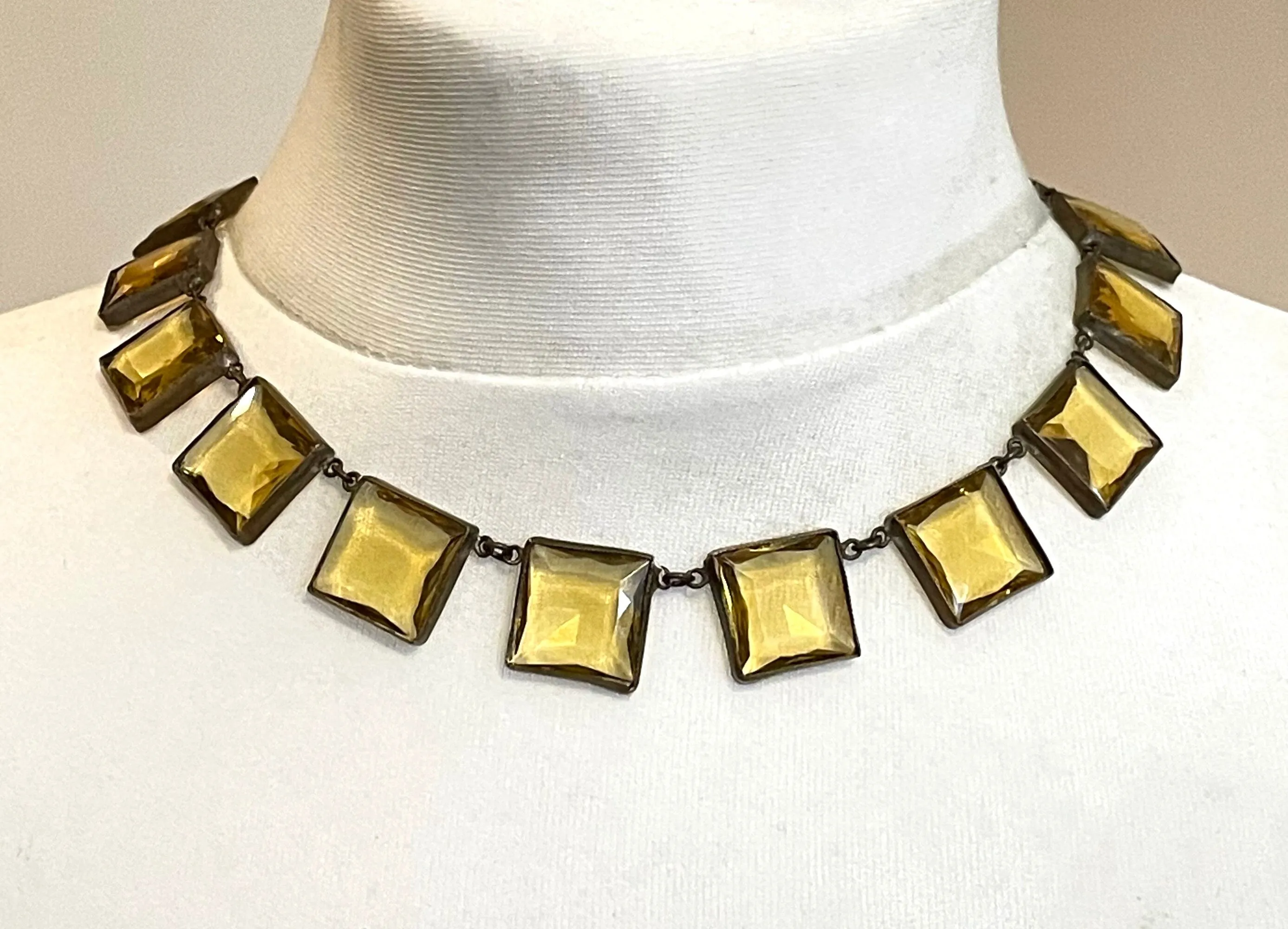 Antique late 19th century citrine yellow / orange crystal riviere necklace, huge bezel set open backed princess cut square rhinestones