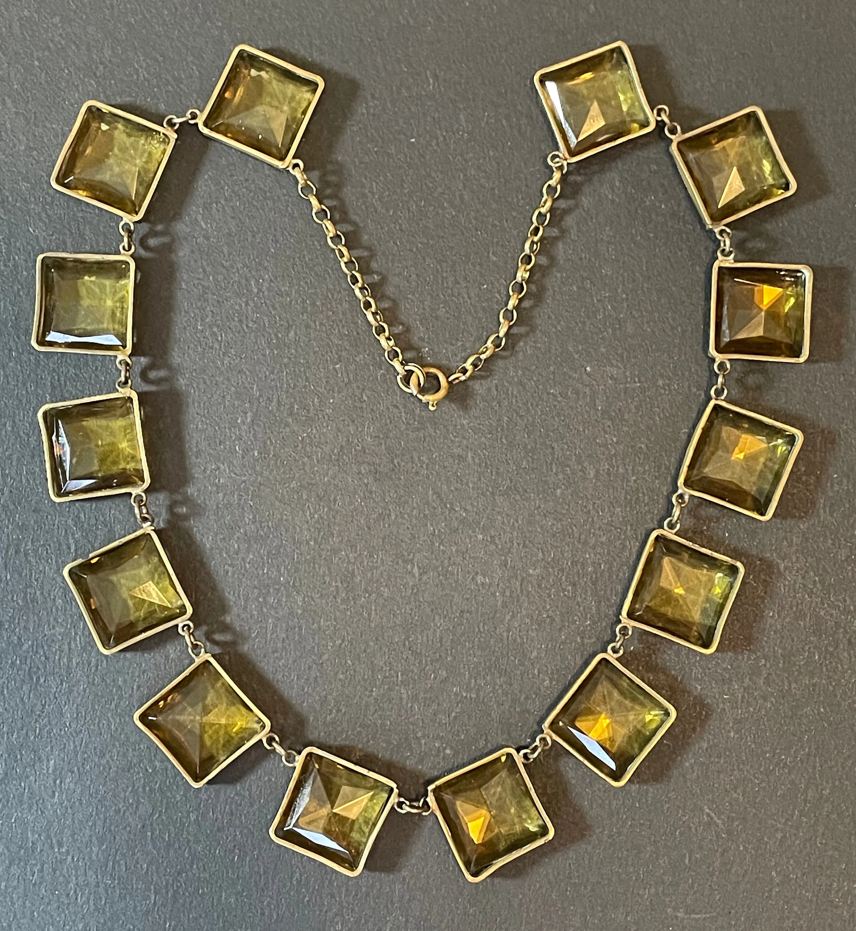 Antique late 19th century citrine yellow / orange crystal riviere necklace, huge bezel set open backed princess cut square rhinestones