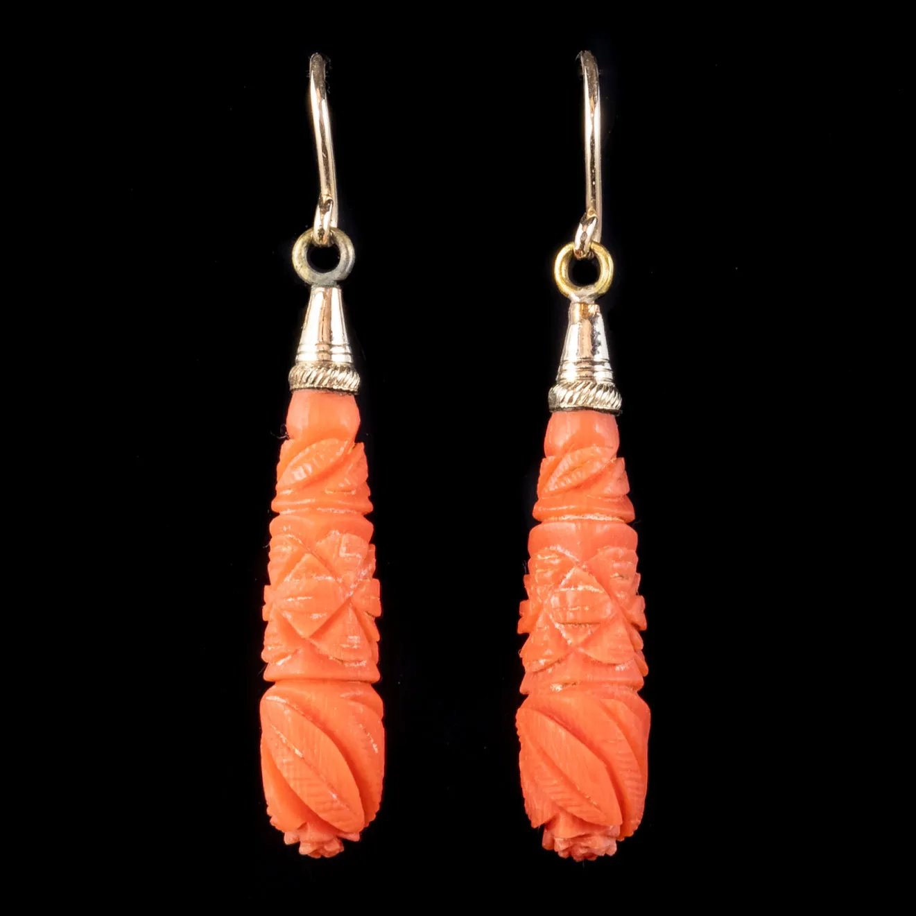 Antique Victorian Coral Drop Earrings 15ct Gold Circa 1900