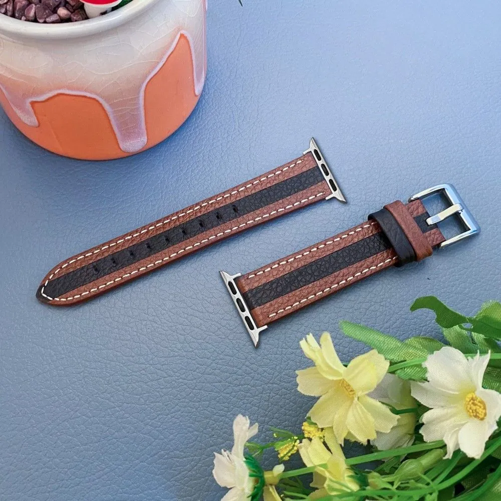 Apple Watch (45mm) color splicing genuine leather watch strap - Brown / Black