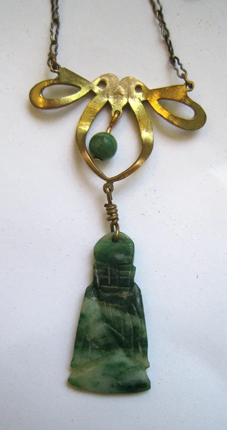 Art Deco Bow and Jade Buddha Necklace/Pendant