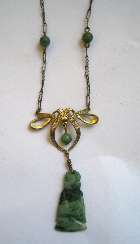 Art Deco Bow and Jade Buddha Necklace/Pendant