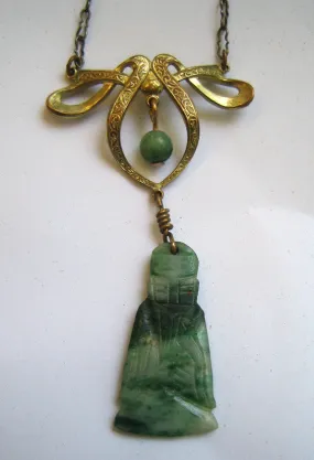 Art Deco Bow and Jade Buddha Necklace/Pendant