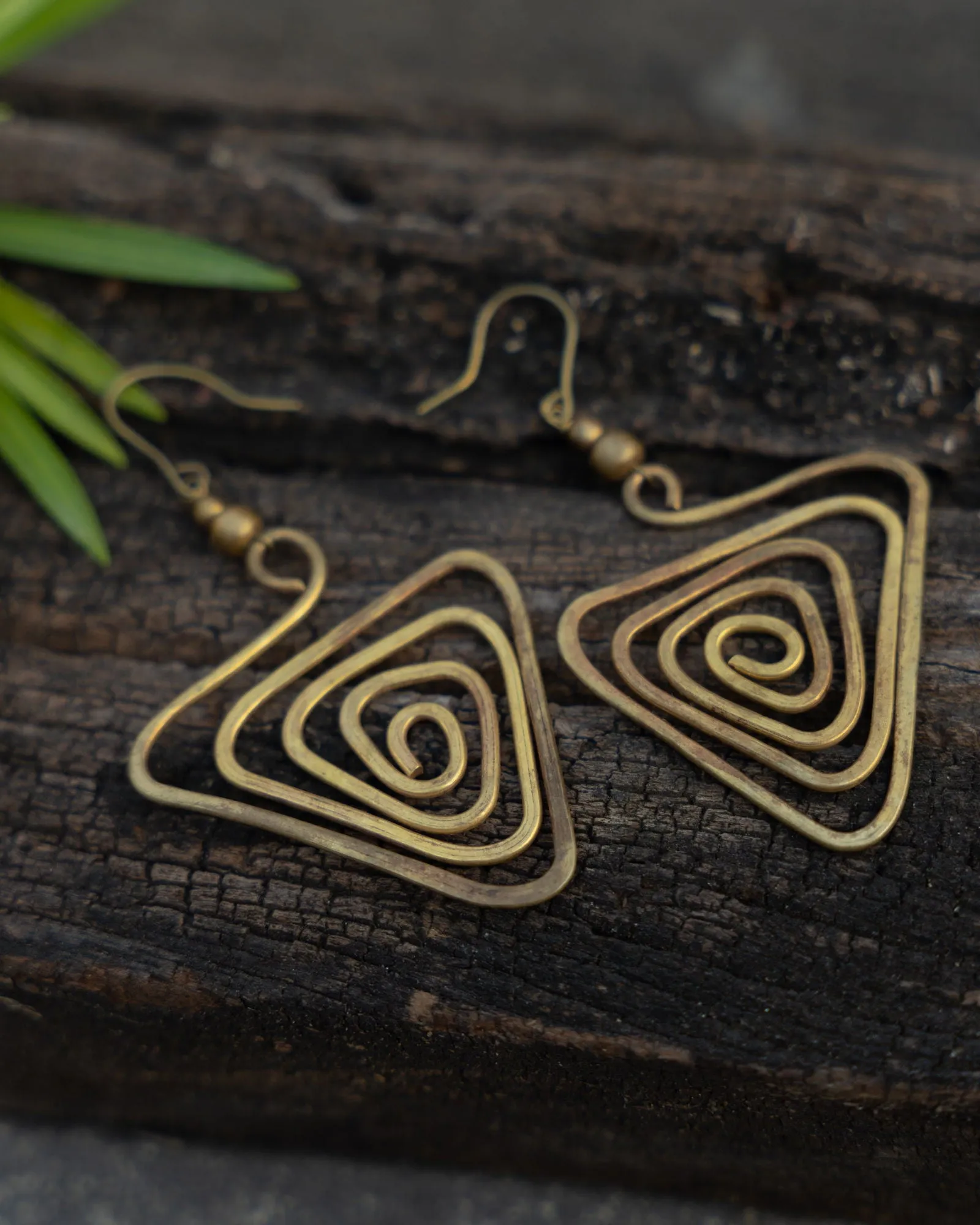 Artisanal Handcrafted Dokra Brass Triangular Spiral Earrings with Intricate Design and Craftsmanship