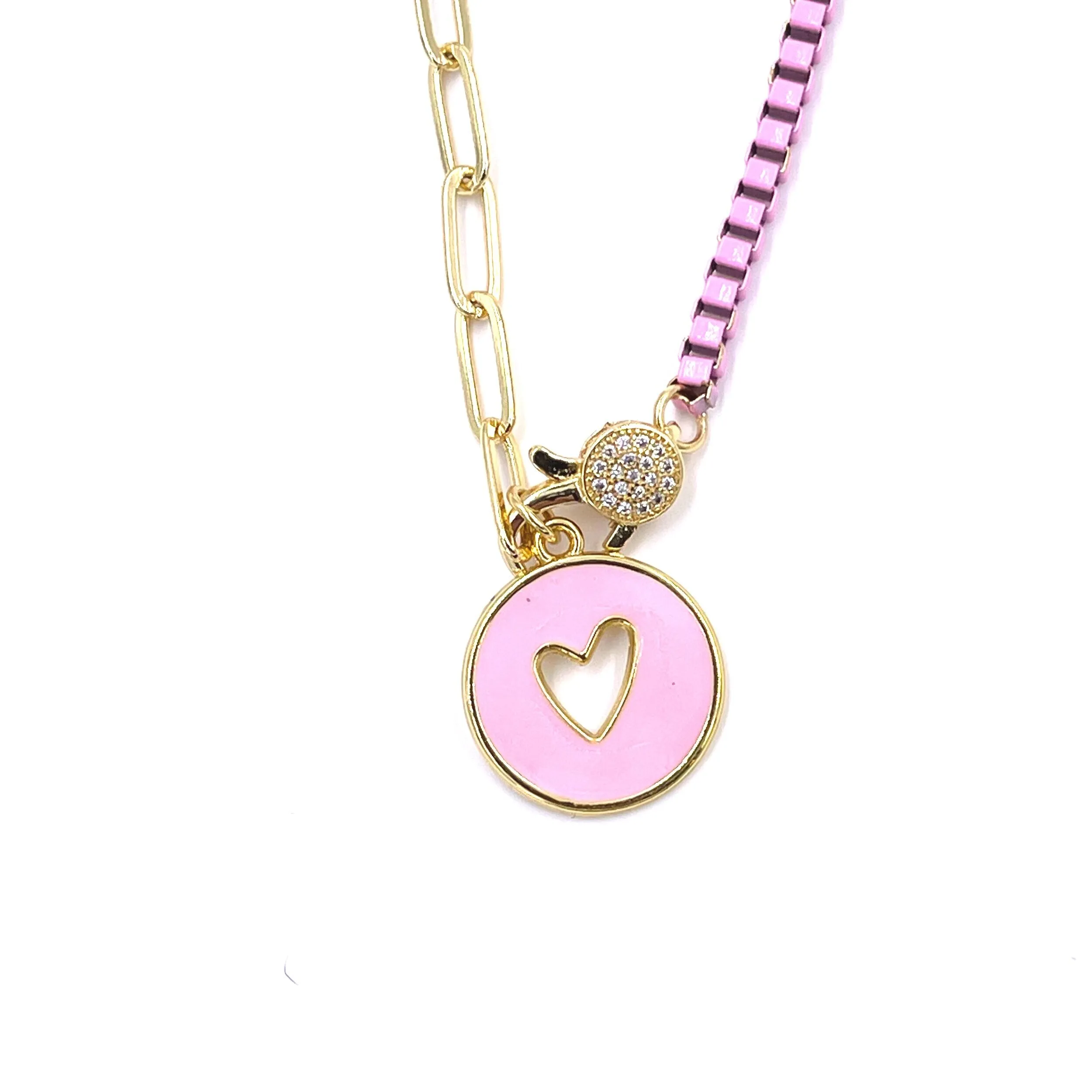 Ashley Gold Stainless Steel Gold Plated Enamel Heart Pendant With Link Enamel Necklace