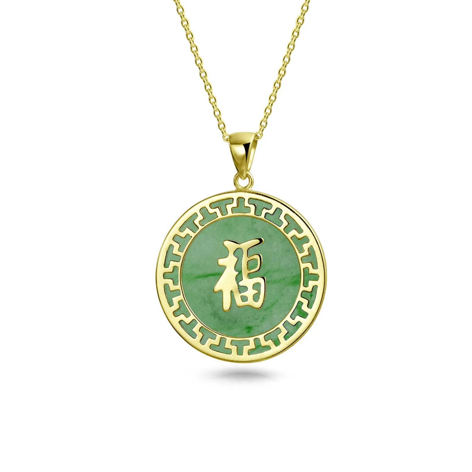 Asian Style Green Jade Agate Pendant Necklace 14K Gold Plated Silver