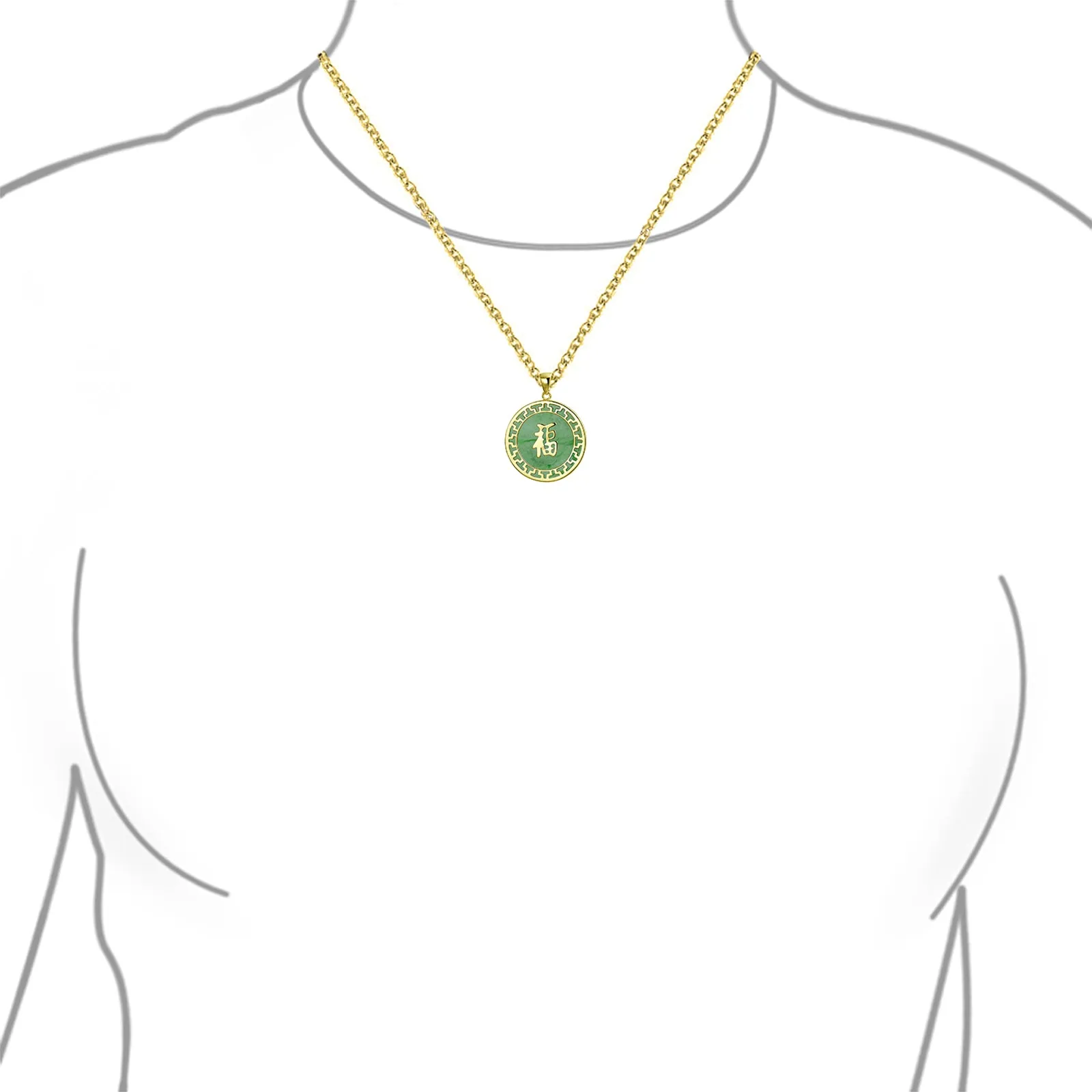 Asian Style Green Jade Agate Pendant Necklace 14K Gold Plated Silver