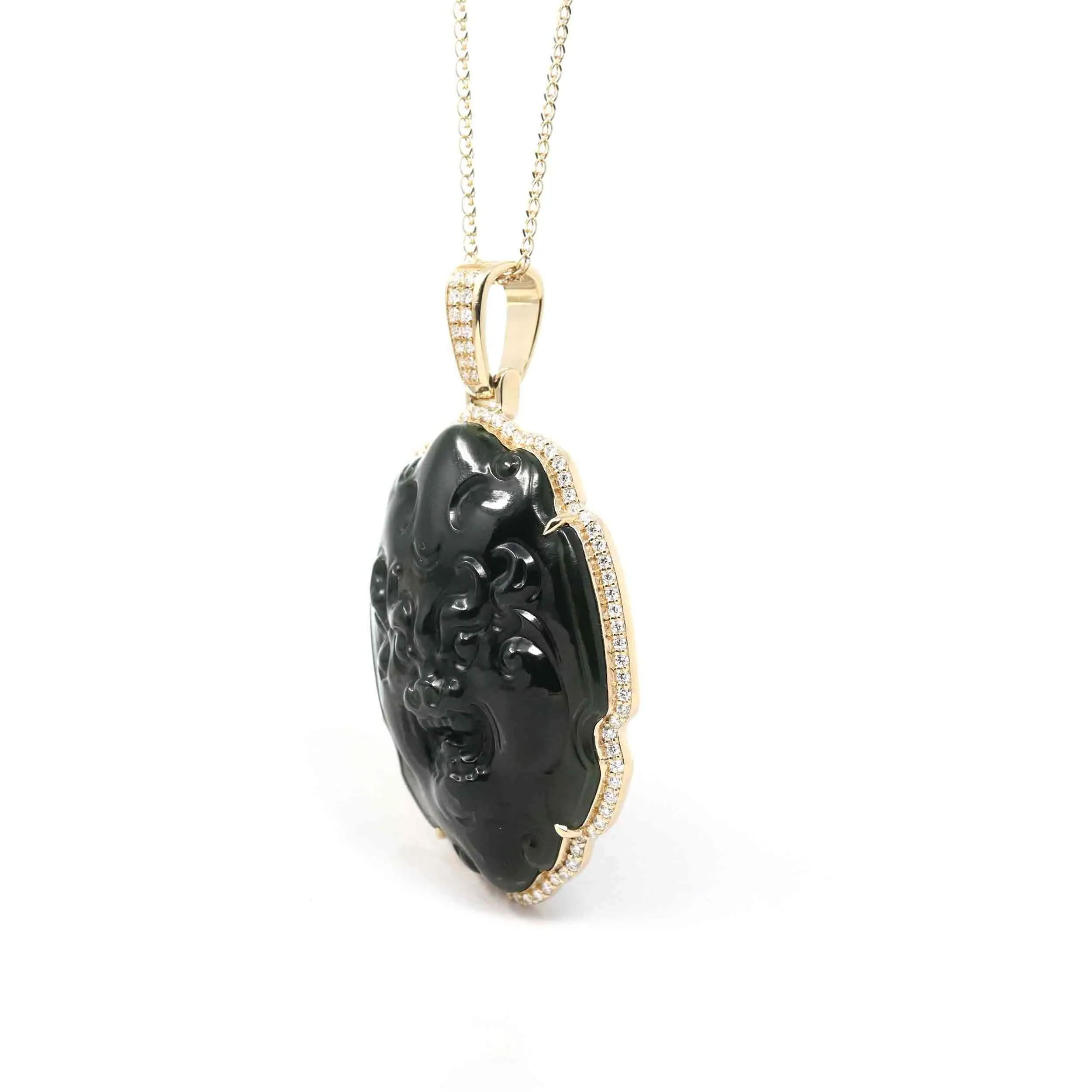 Baikalla™ 14K Yellow Gold Diamond & Genuine Nephrite Black Jade " Fu Dog " Pendant Necklace