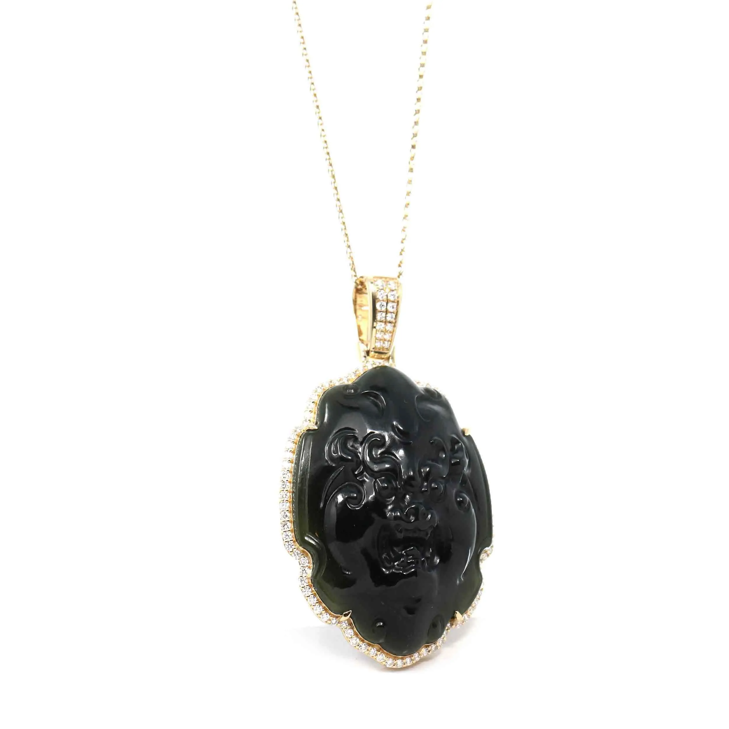 Baikalla™ 14K Yellow Gold Diamond & Genuine Nephrite Black Jade " Fu Dog " Pendant Necklace