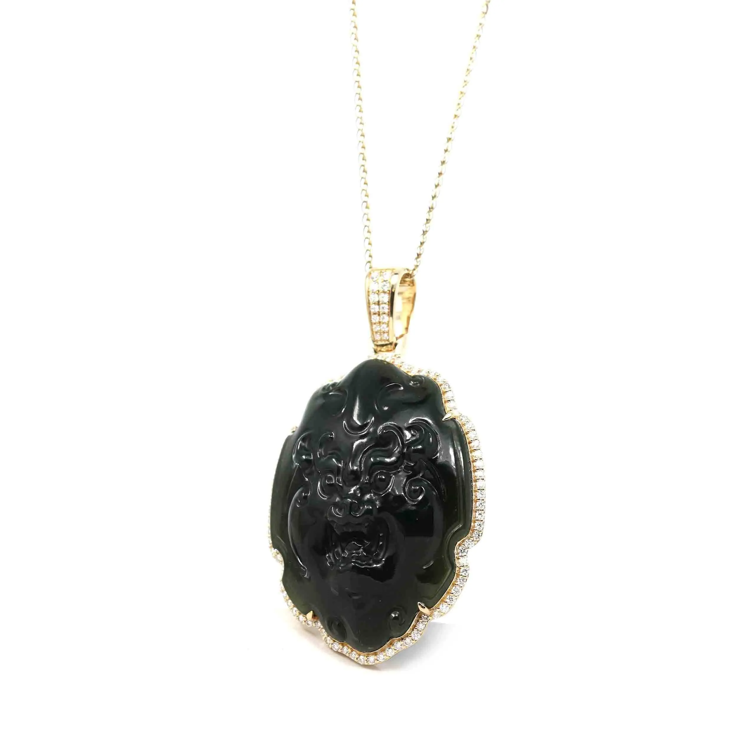 Baikalla™ 14K Yellow Gold Diamond & Genuine Nephrite Black Jade " Fu Dog " Pendant Necklace