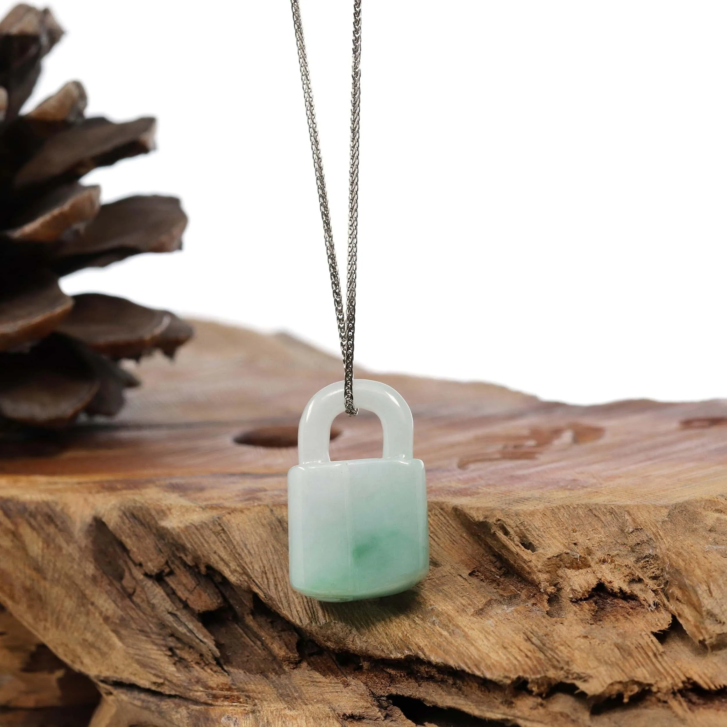 Baikalla Genuine Ice White-Green Jadeite Jade Lock Necklace Pendant