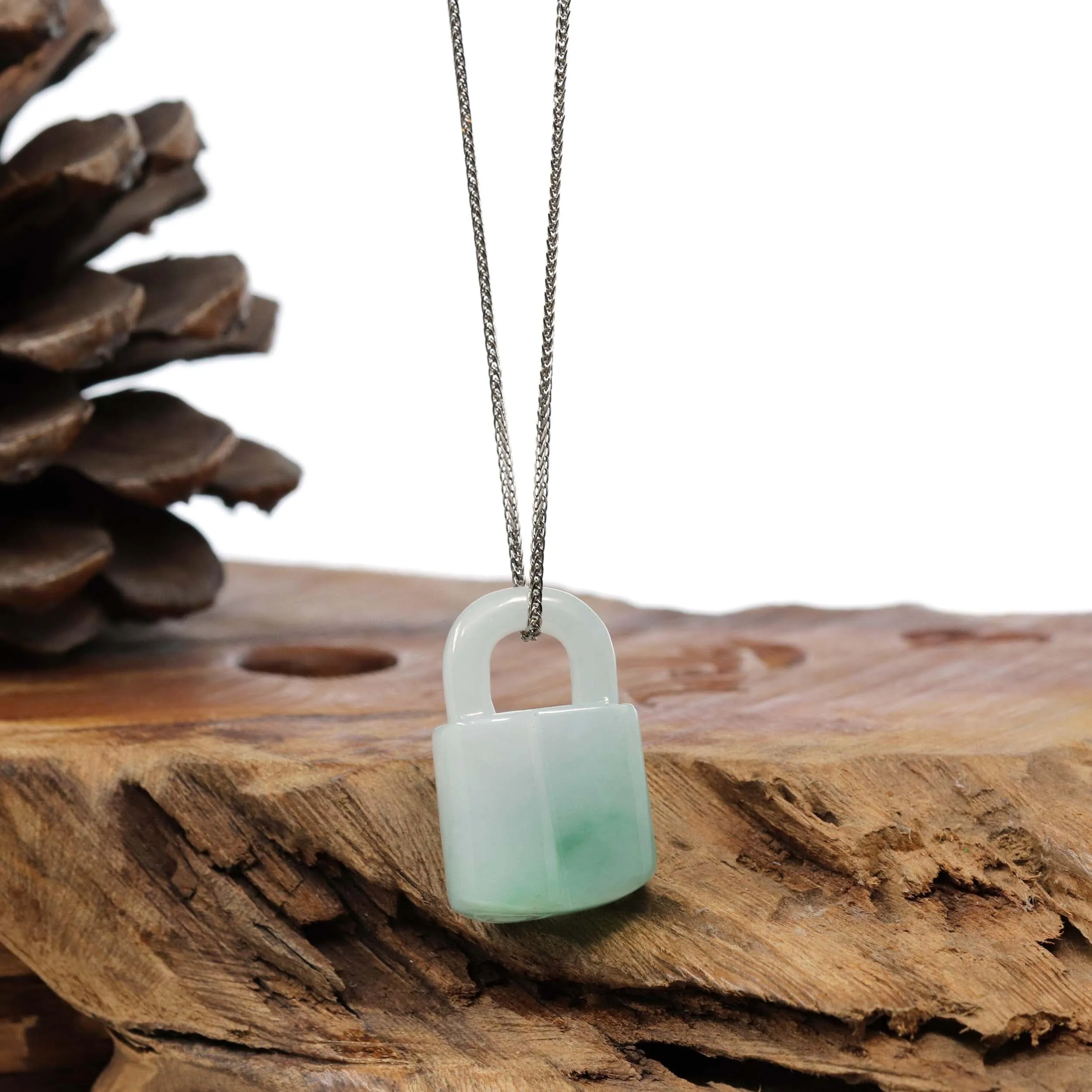 Baikalla Genuine Ice White-Green Jadeite Jade Lock Necklace Pendant