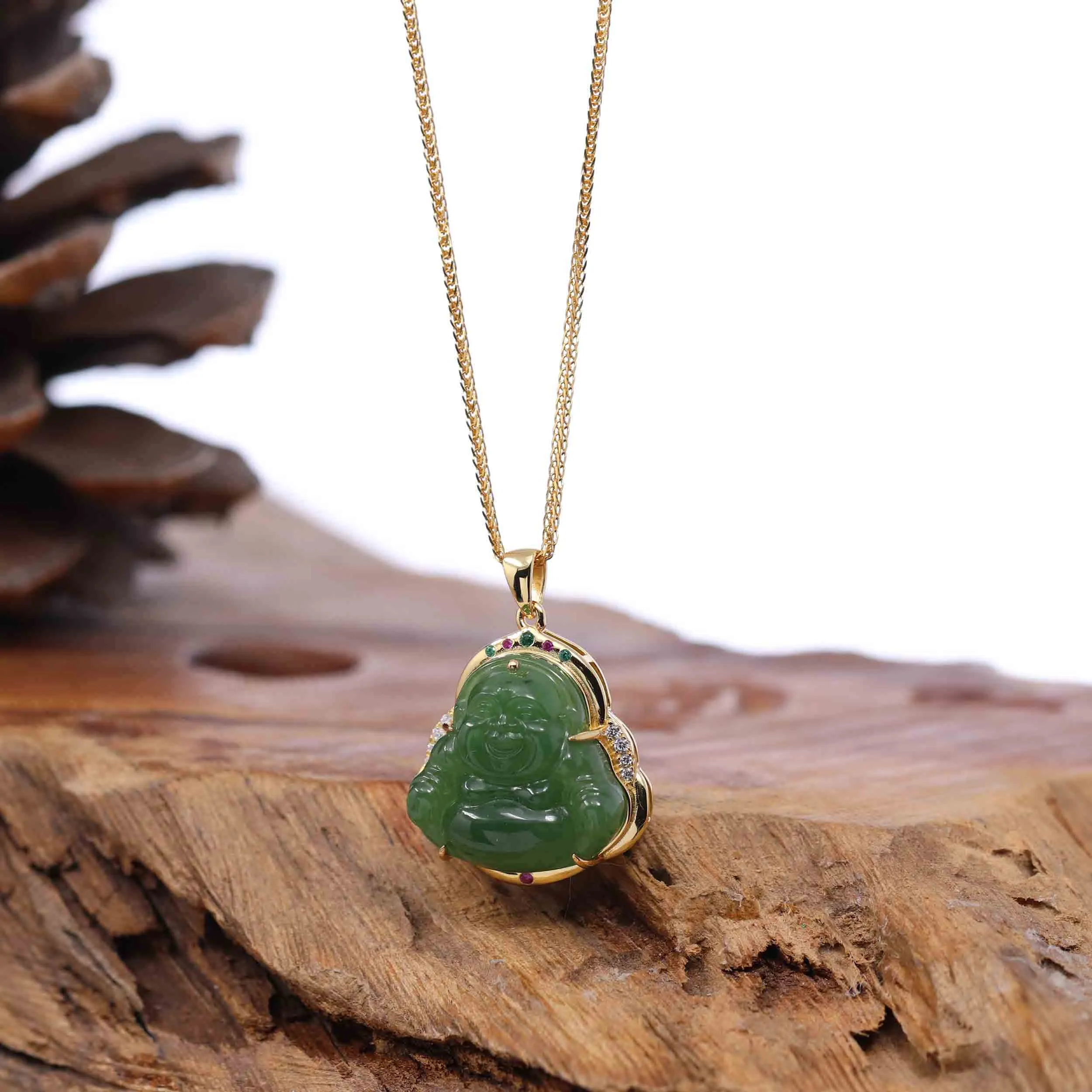 Baikalla™ "Laughing Buddha" Gold Plated Nephrite Jade Necklace Pendant