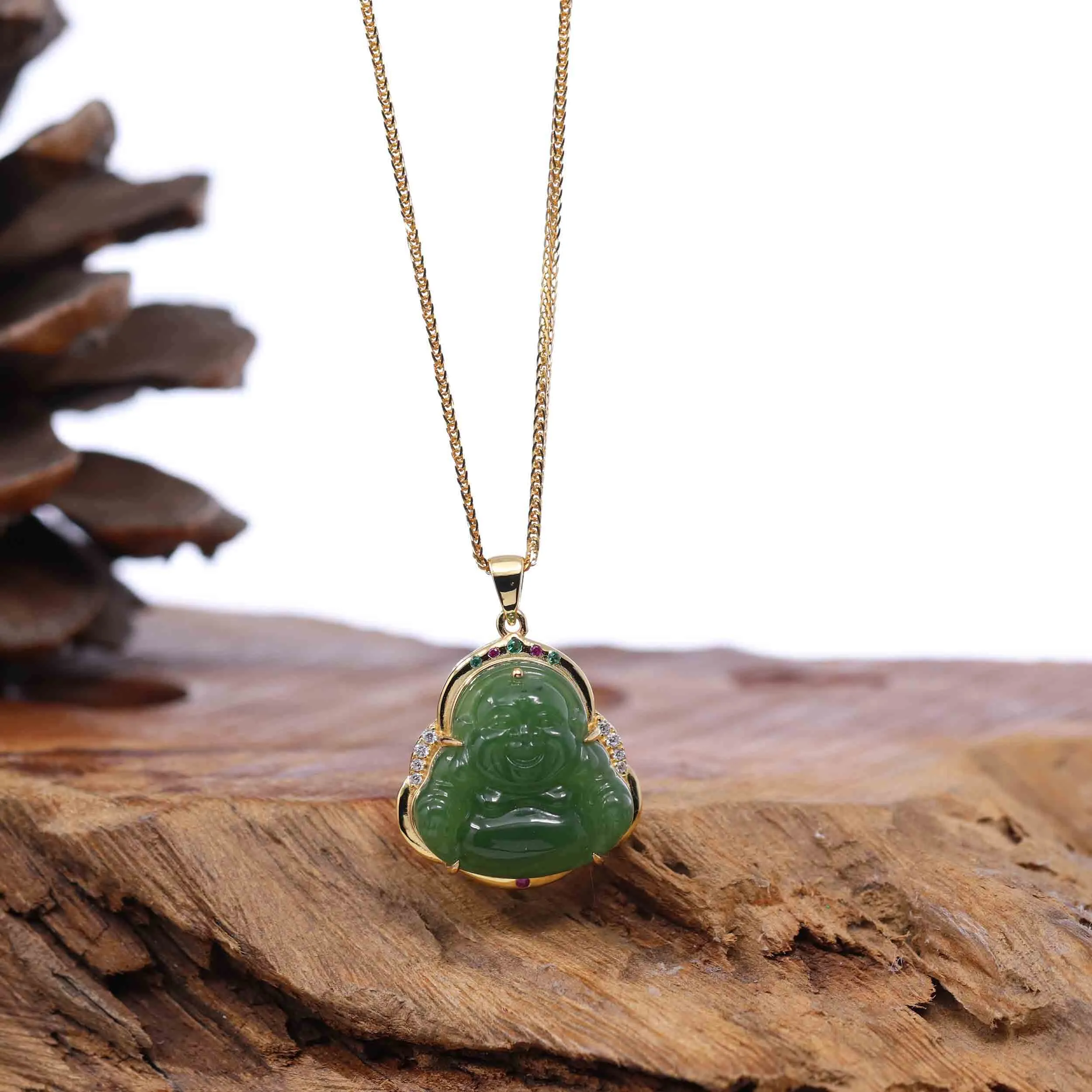 Baikalla™ "Laughing Buddha" Gold Plated Nephrite Jade Necklace Pendant