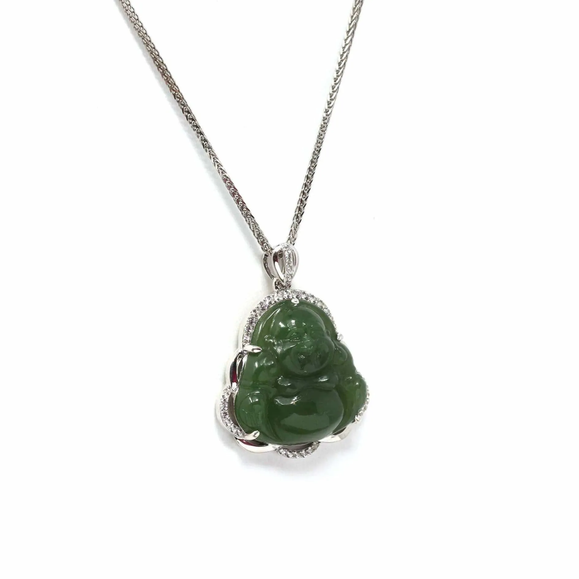 Baikalla™ Sterling Silver Natural Green Nephrite Jade Buddha Pendant Necklace