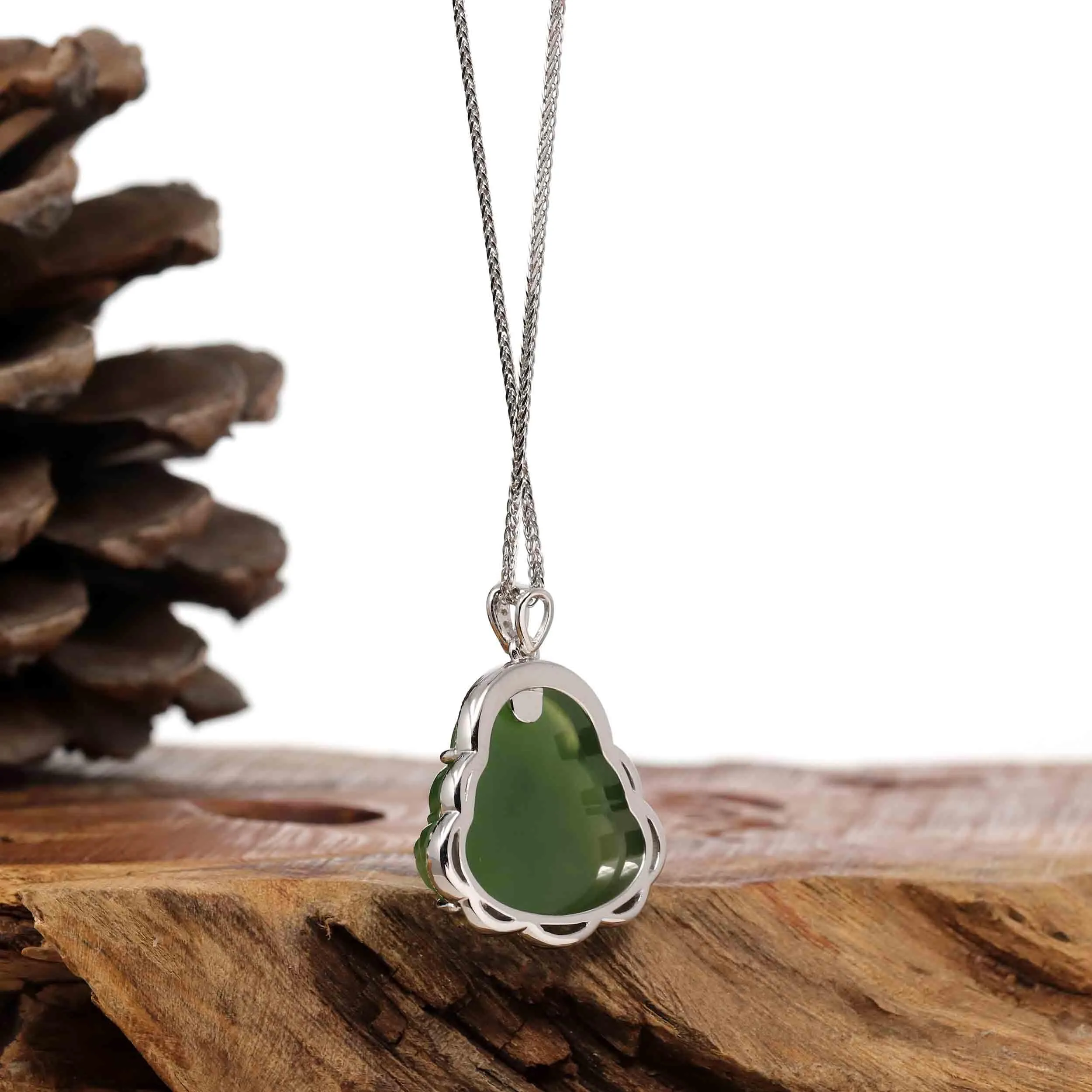 Baikalla™ Sterling Silver Natural Green Nephrite Jade Buddha Pendant Necklace