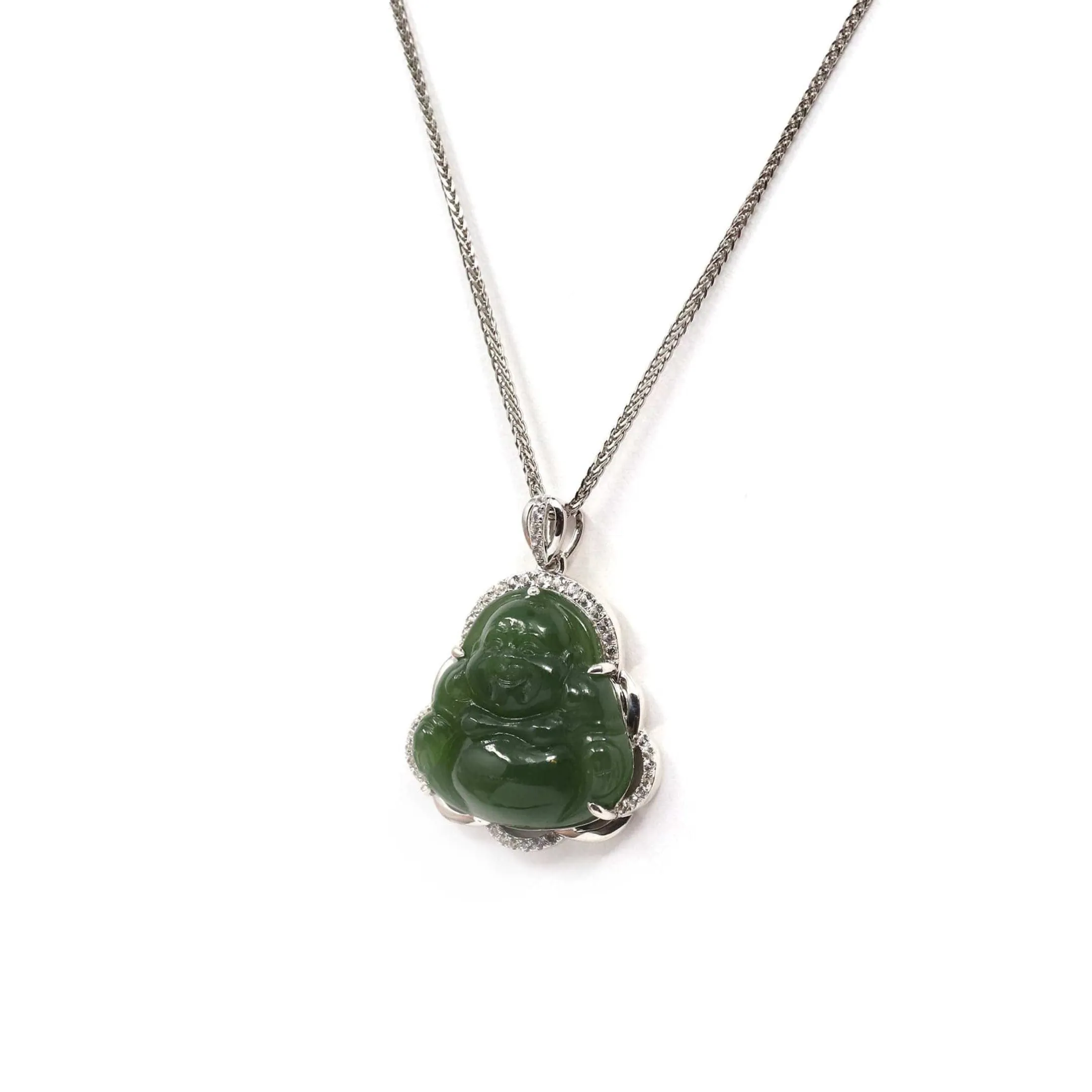 Baikalla™ Sterling Silver Natural Green Nephrite Jade Buddha Pendant Necklace