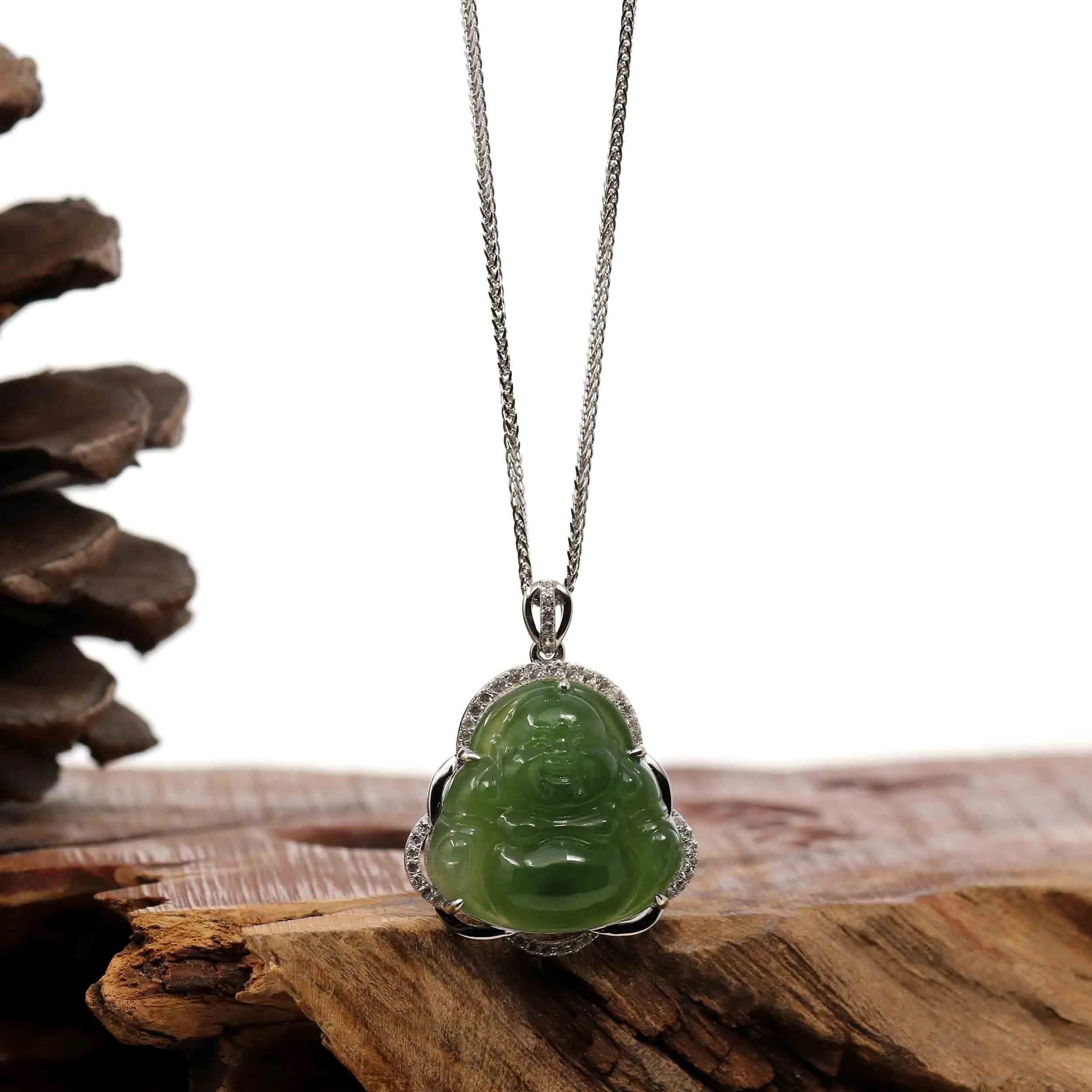 Baikalla™ Sterling Silver Natural Green Nephrite Jade Buddha Pendant Necklace