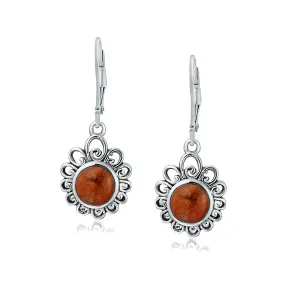 Bali Style Dangle Earrings with Orange Red Coral and Sterling Silver Leverback