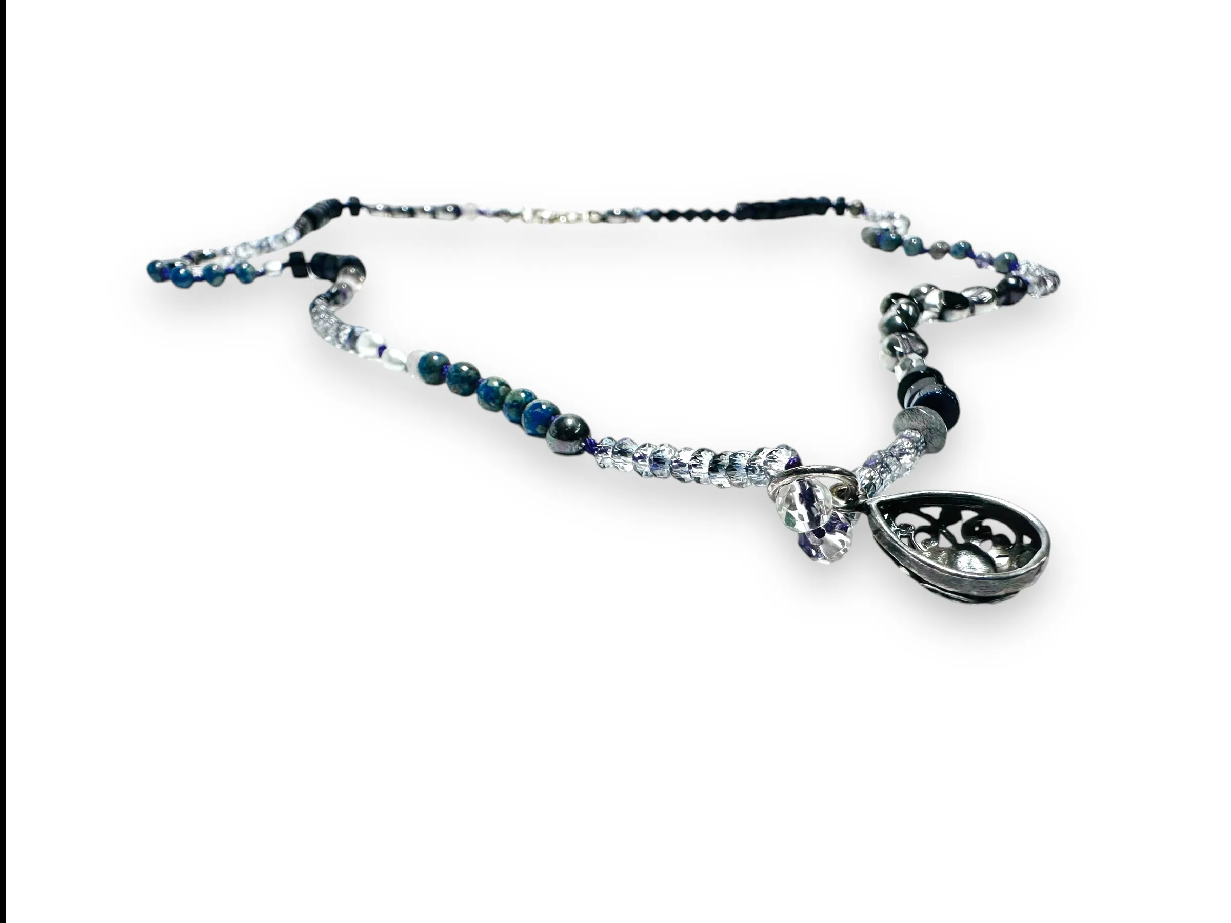 Beaded Gemstone Necklace- Filigree Silver Teardrop Teardrop