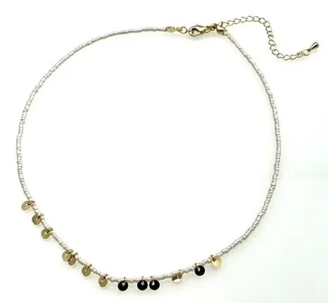 Beaded Necklace with Gold Sequins - Beige beads