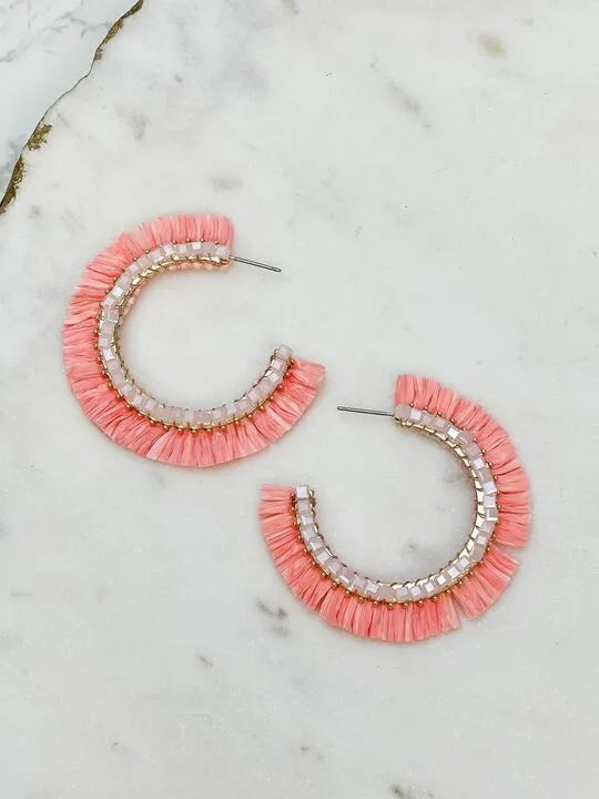 Beaded Raffia Hoop Earrings - Coral